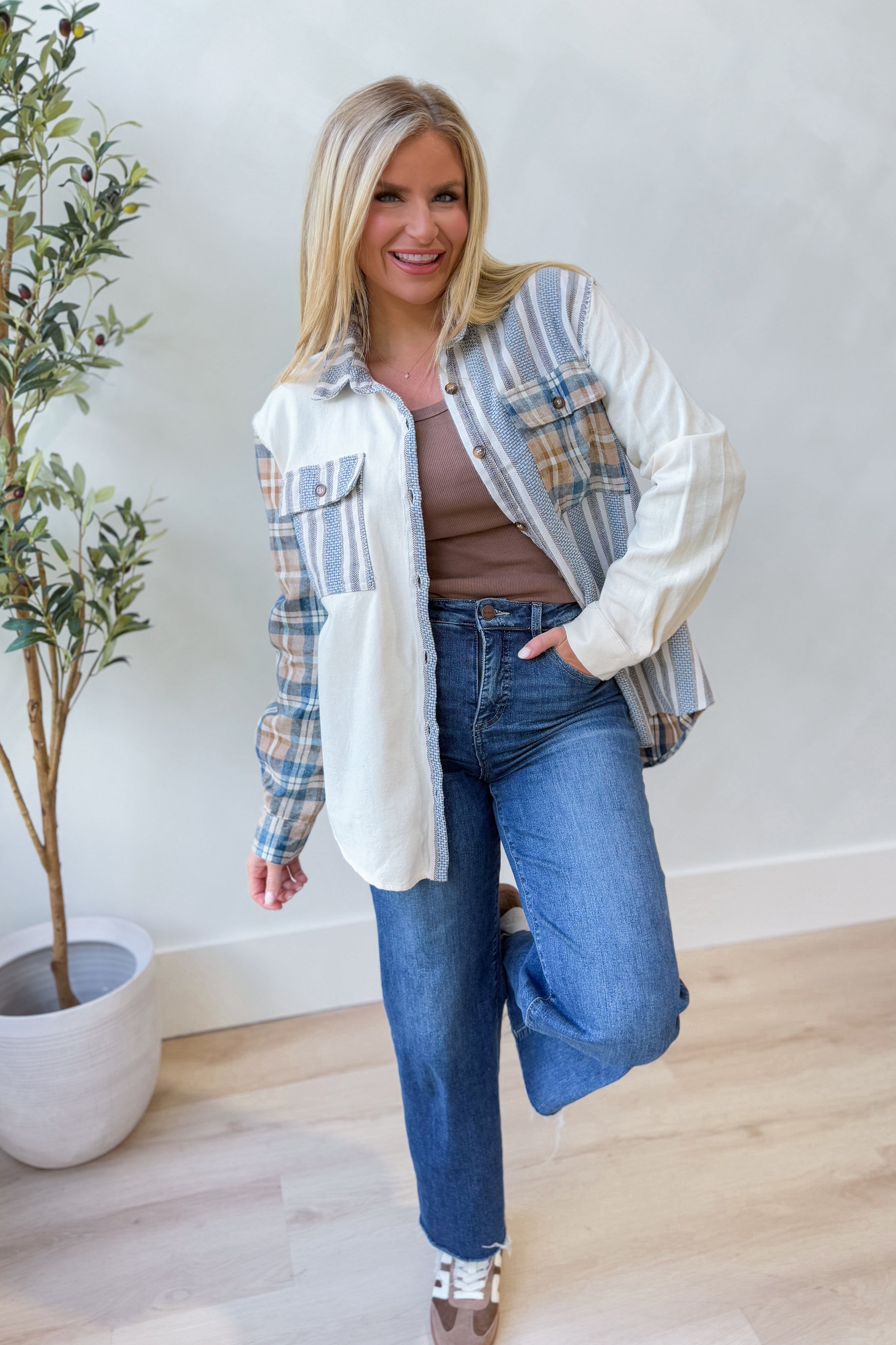 Mia Plaid Long Sleeve Terry Knit Shacket - Coremarkets