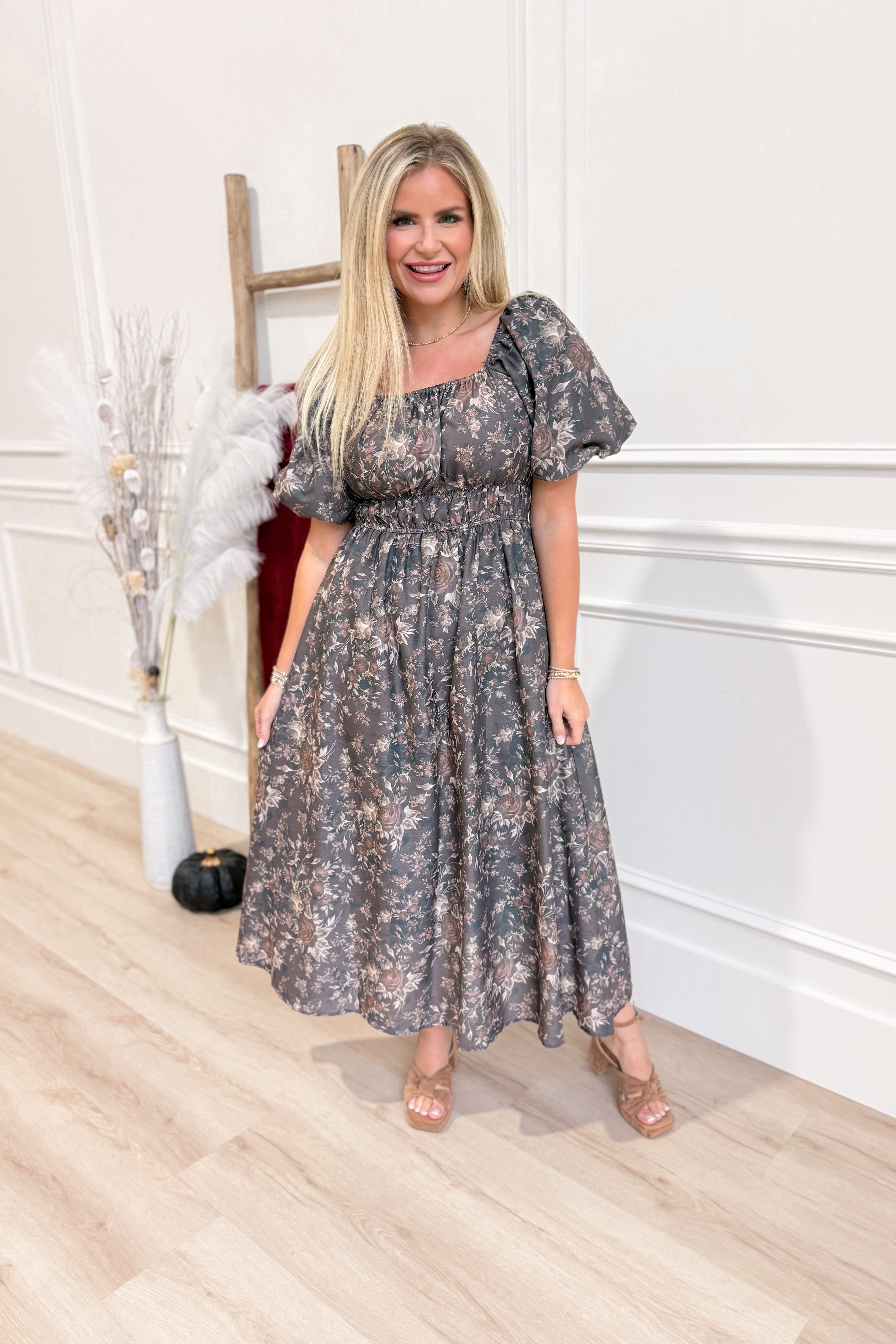 Courtney Floral Balloon Sleeve Midi Dress - Coremarkets