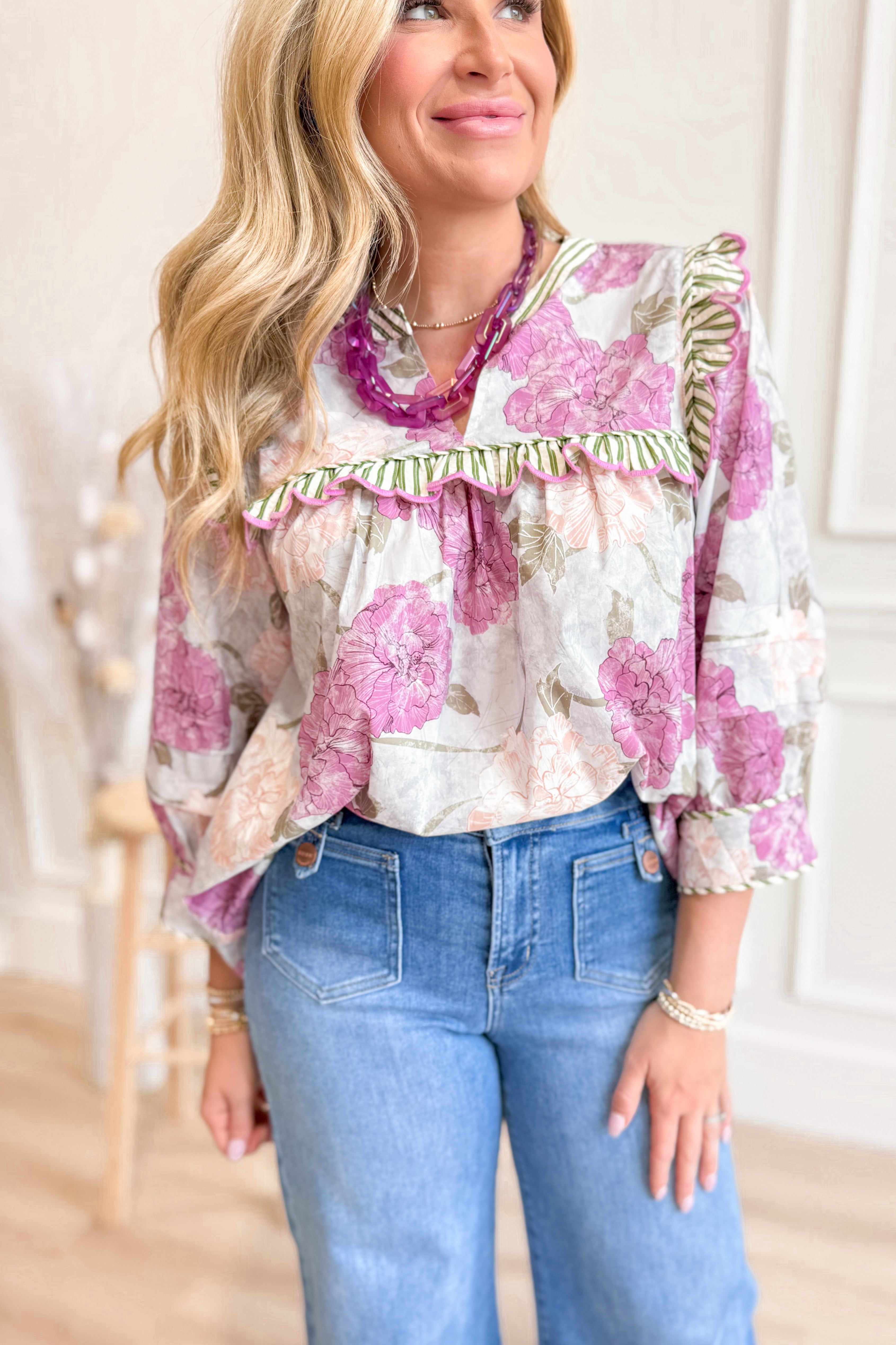 Samantha Floral Contrasted Trim Top - Coremarkets