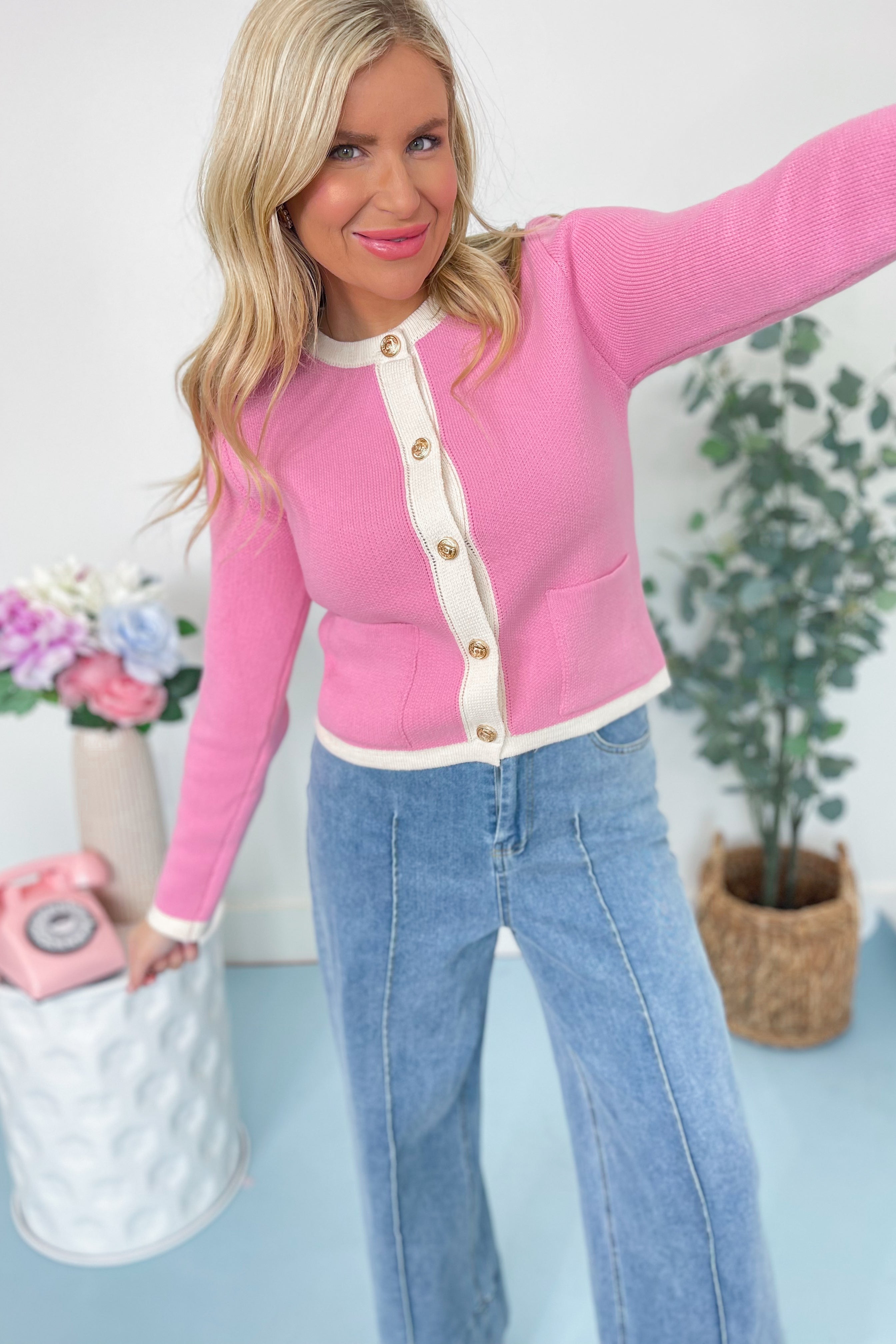 Robin Contrast Trim Gold Button Up Cardigan - Coremarkets