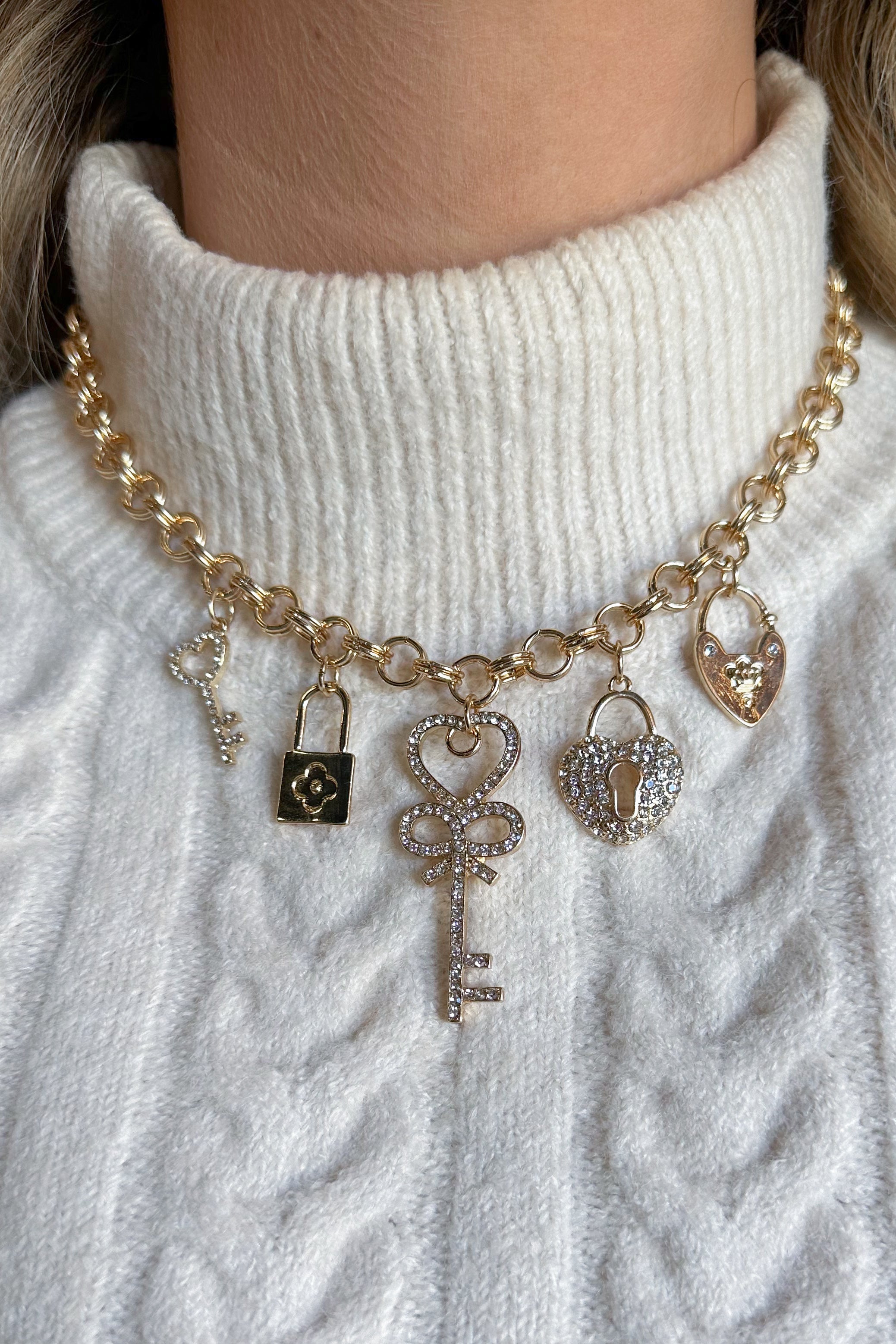 Charm Necklace ~ Gold Chain Crystal Heart and Keylock Necklace - Coremarkets