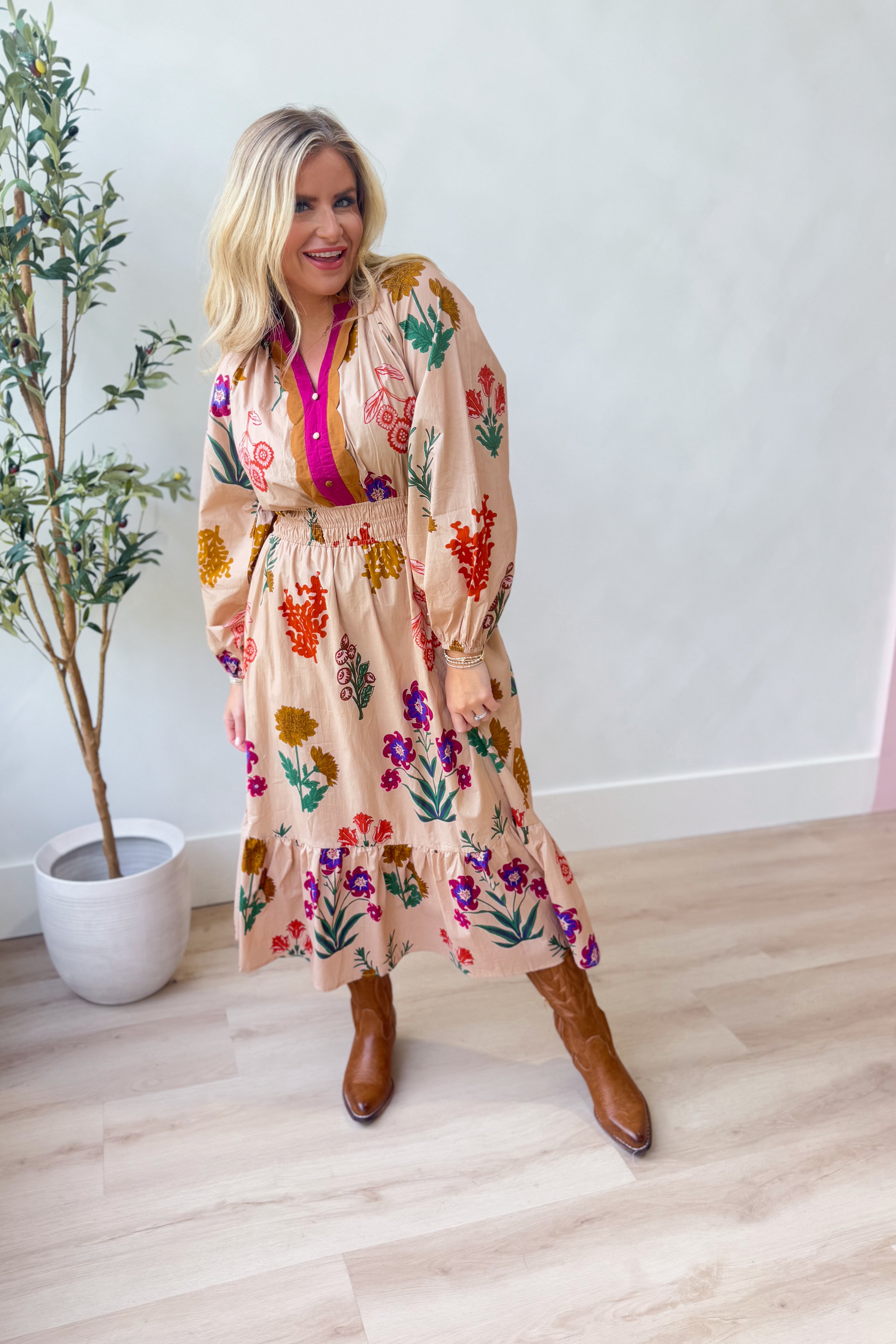 London Floral Printed Smocked Waist Midi Dress - Coremarkets