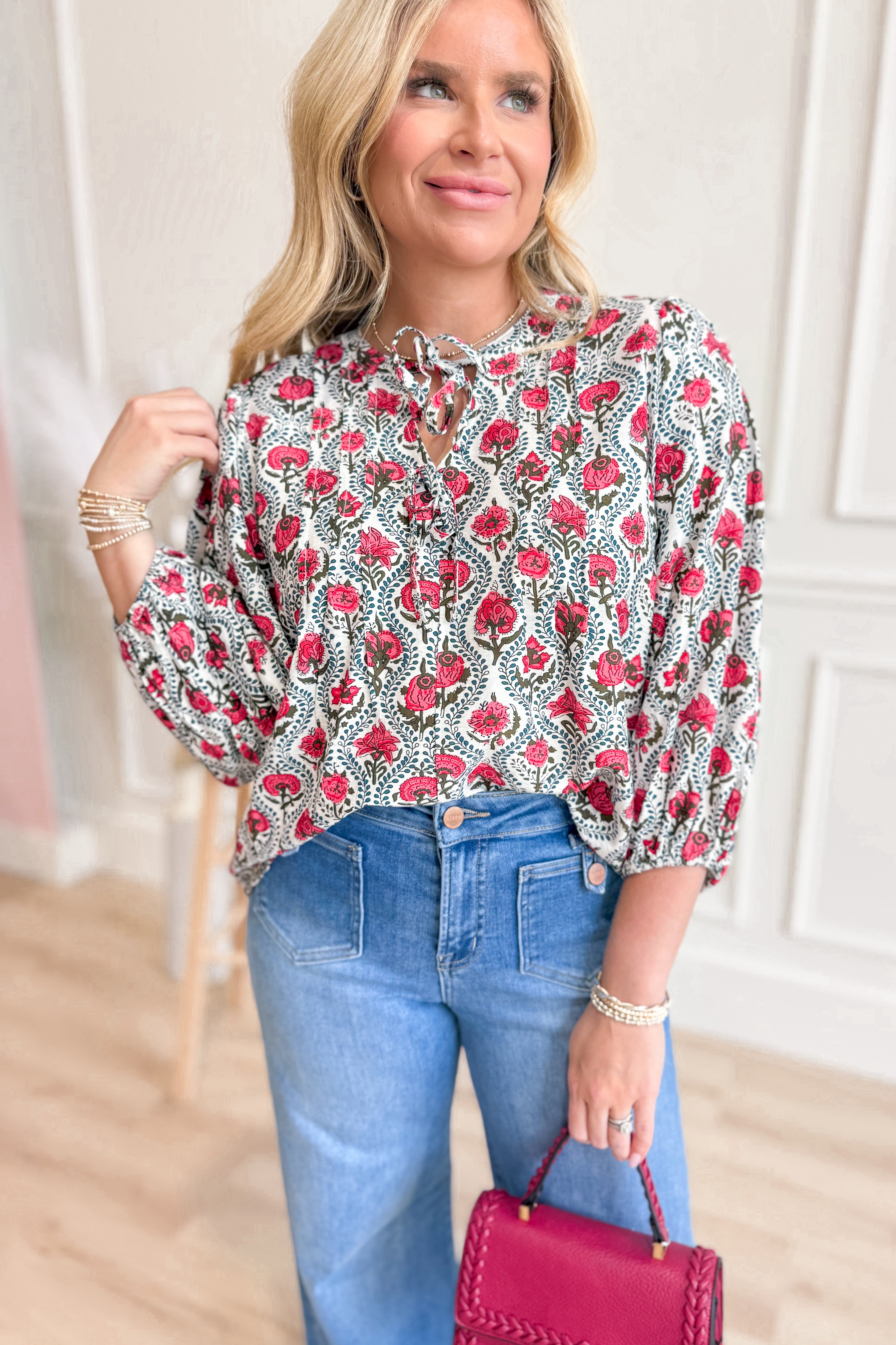 Sasha Flower Print Balloon Sleeve Top - Coremarkets
