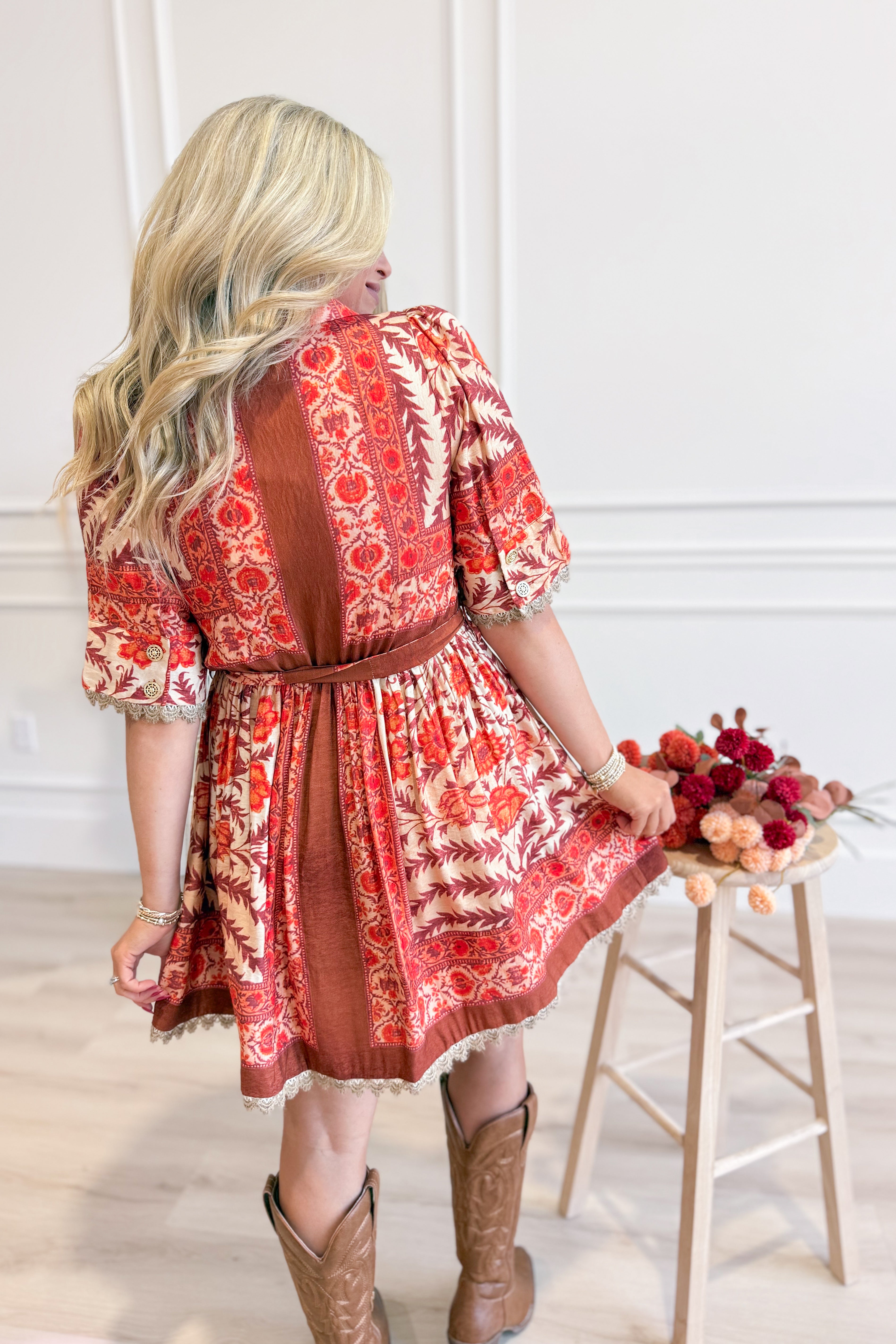 Caroline Botanical Print Puff Sleeve Dress - Coremarkets