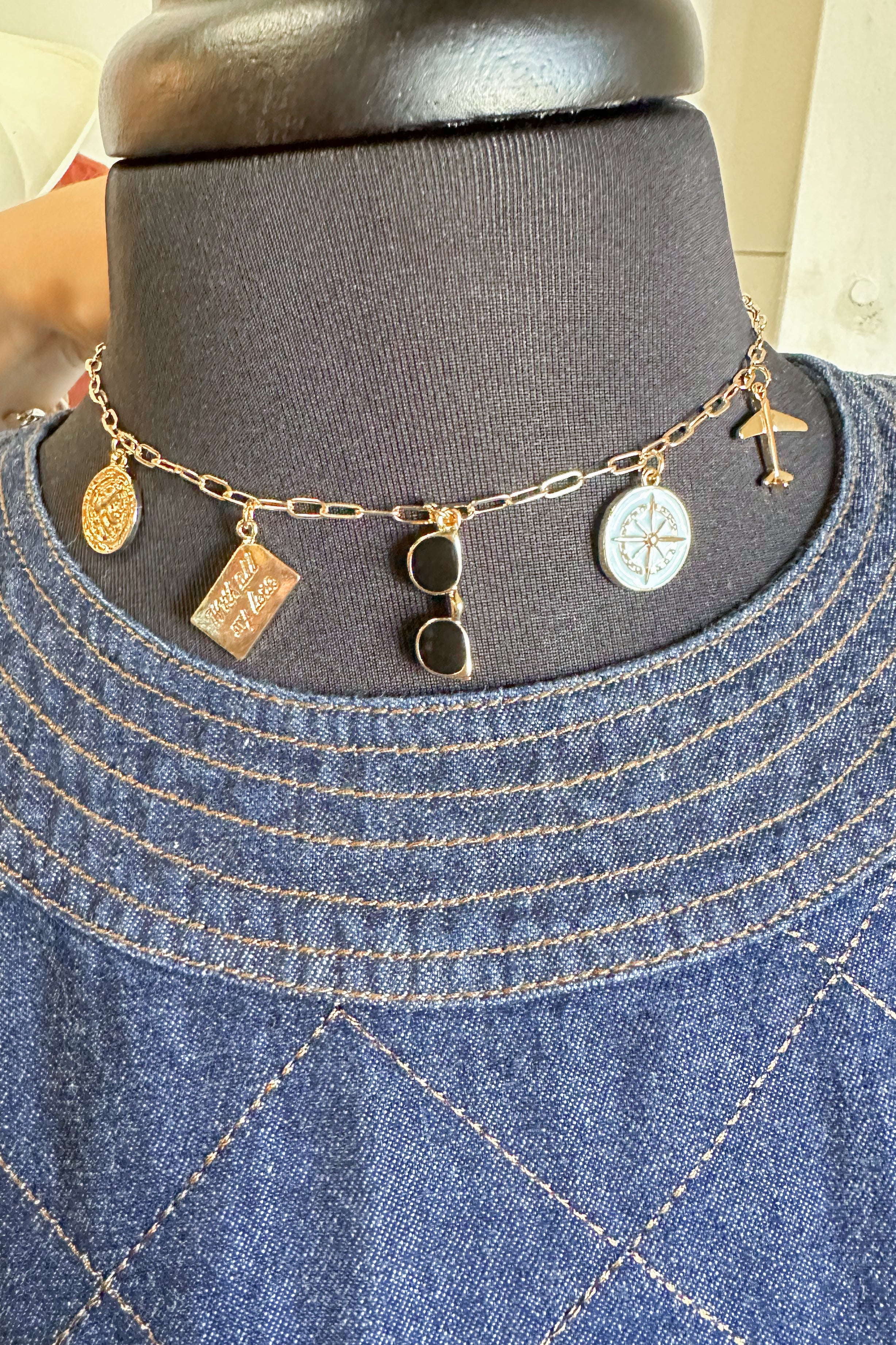 Charm Necklace ~ Gold "Travel" Sunglasses / Airplane Charm Necklace - Coremarkets