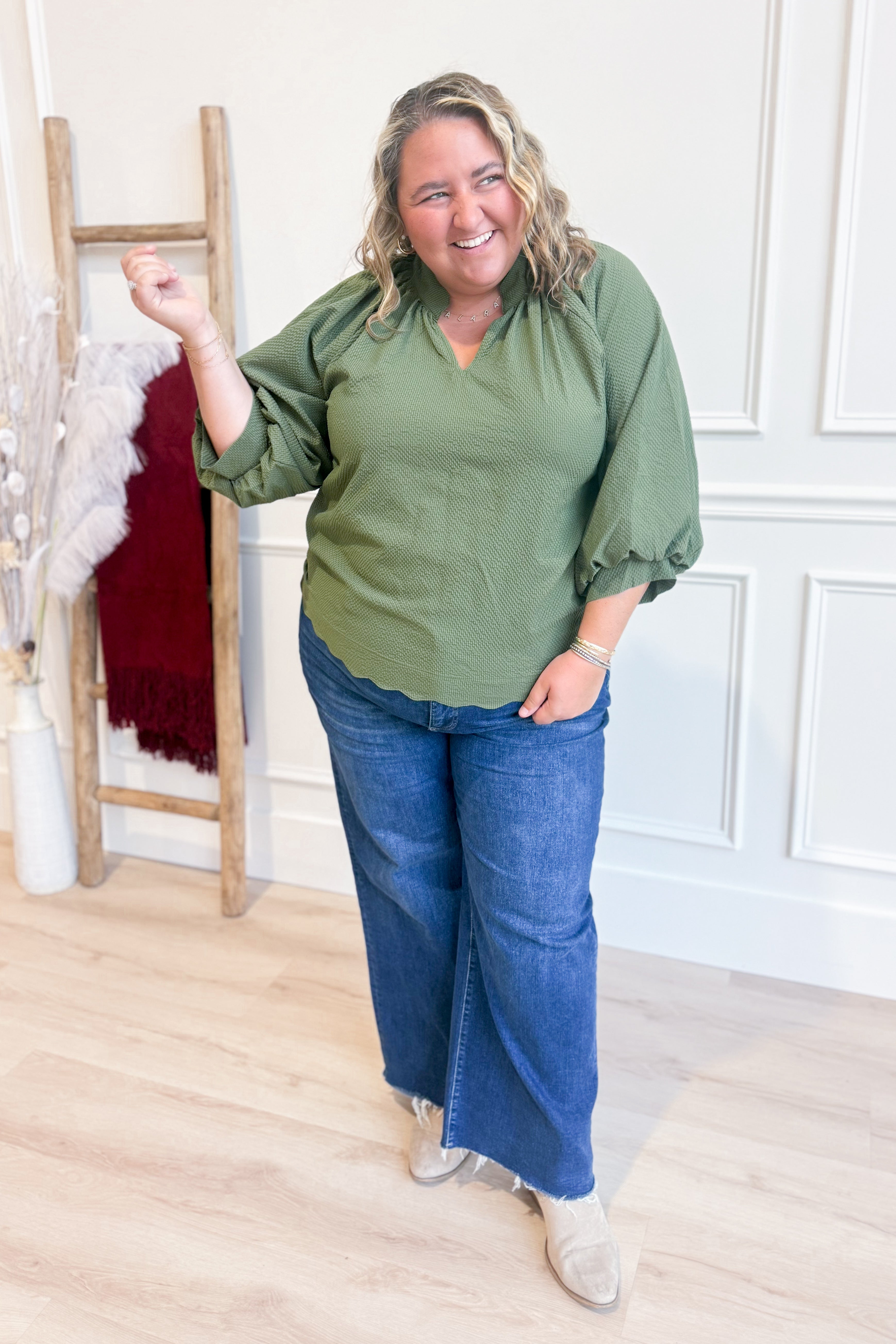 Lacey Textured Scallop Hem Blouse Top - Coremarkets