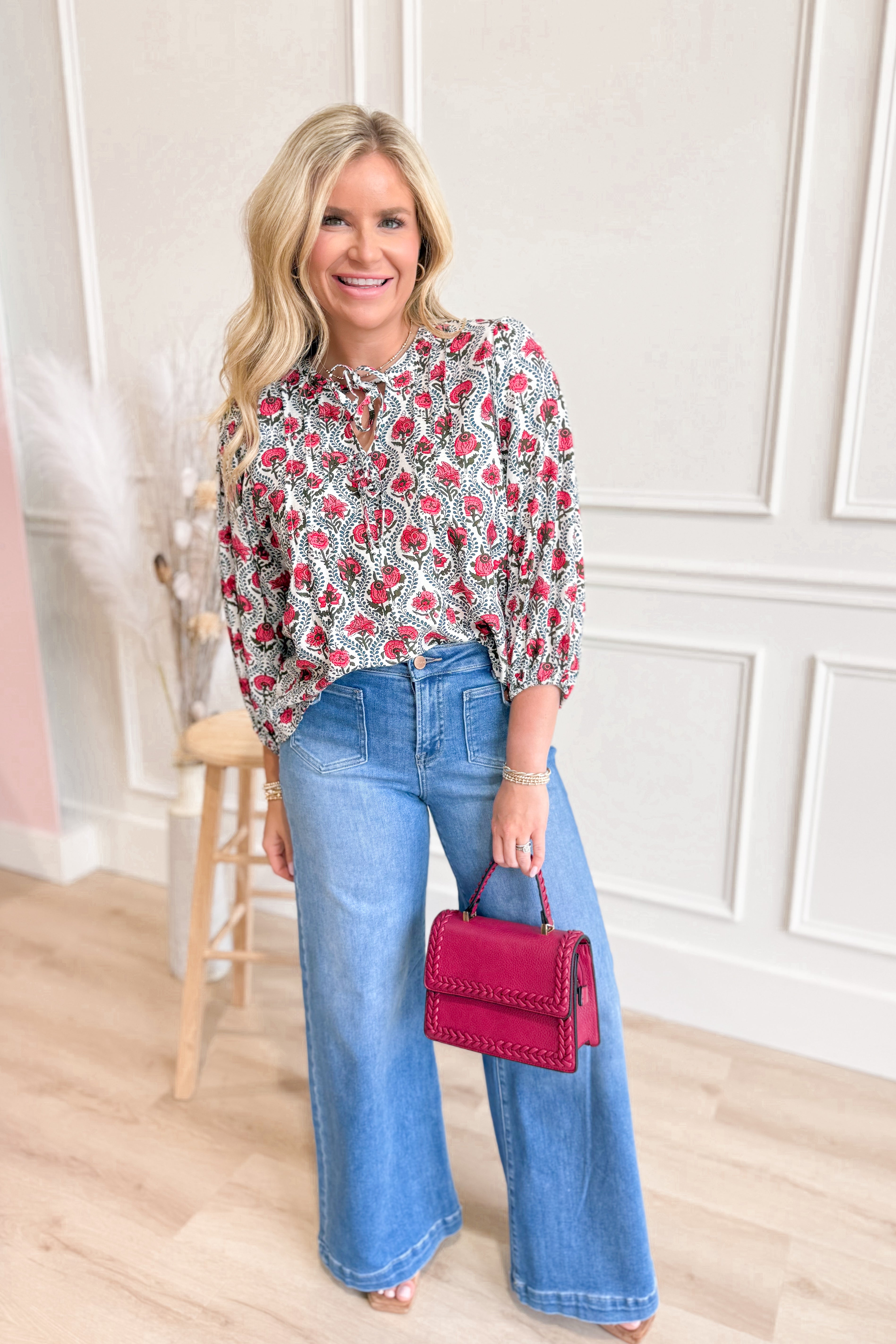 Sasha Flower Print Balloon Sleeve Top - Coremarkets