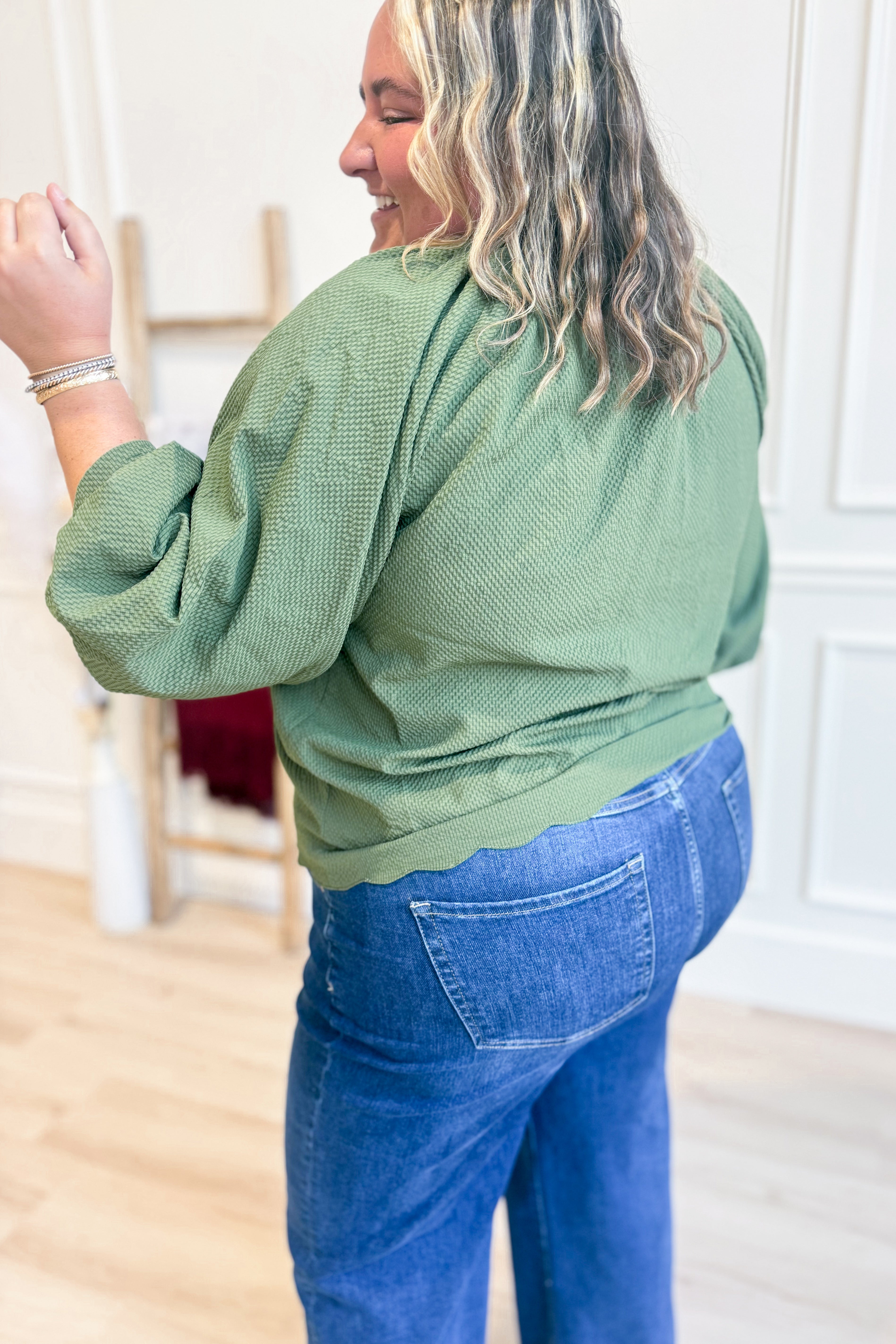 Lacey Textured Scallop Hem Blouse Top - Coremarkets