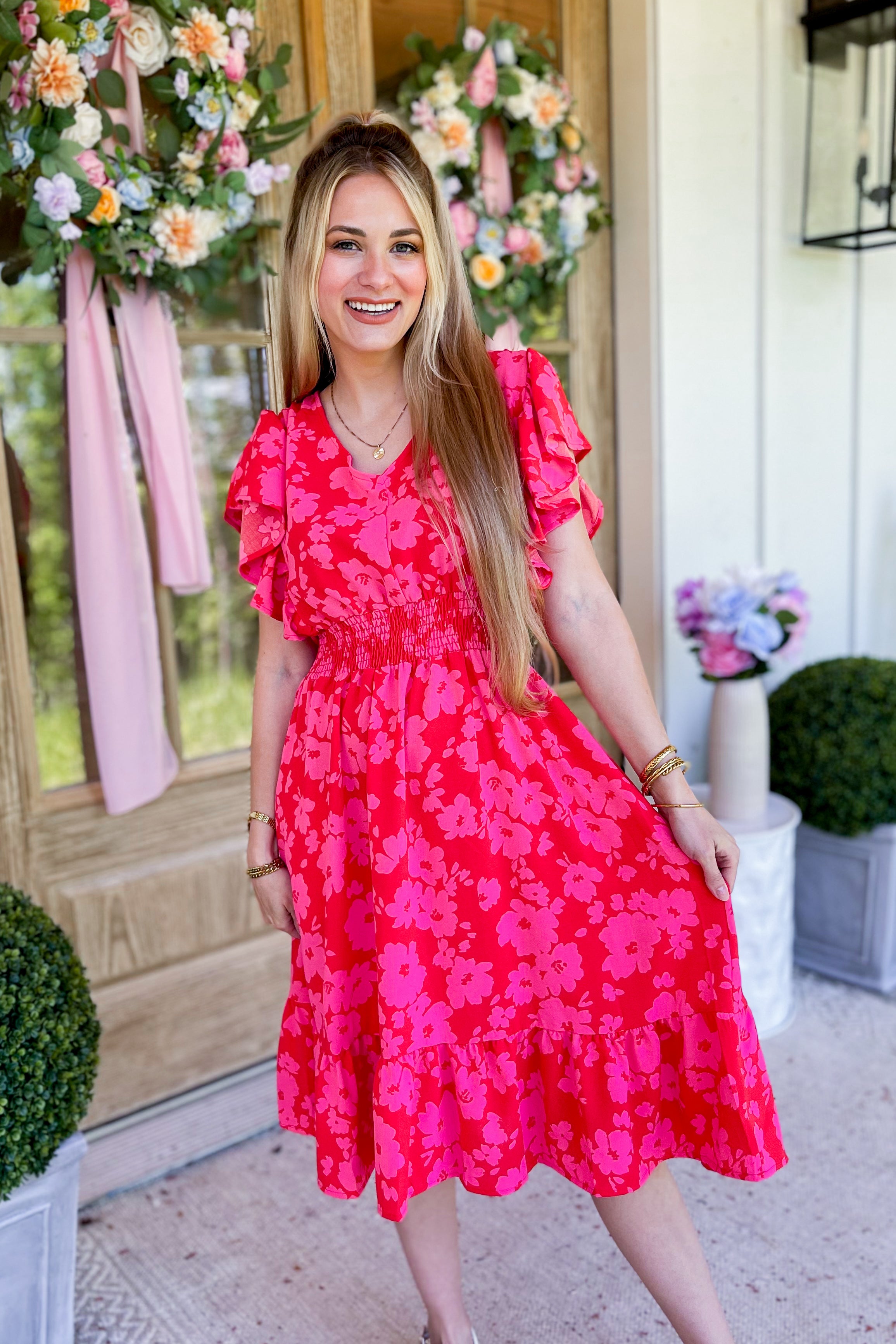 Morris V Neck Short Sleeve Floral Midi Dress - Coremarkets