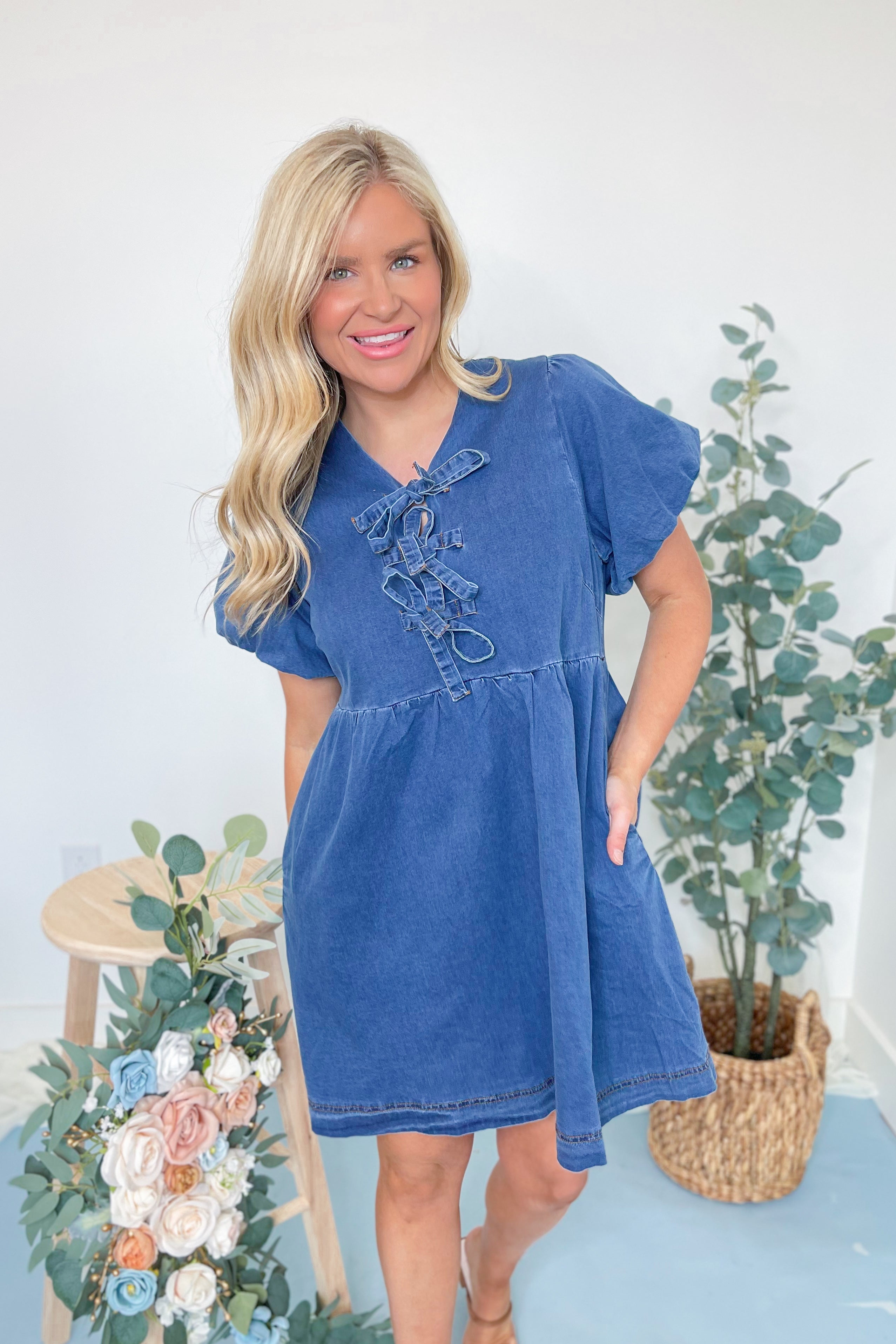 Heather Balloon Sleeve Peplum Denim Dress - Coremarkets