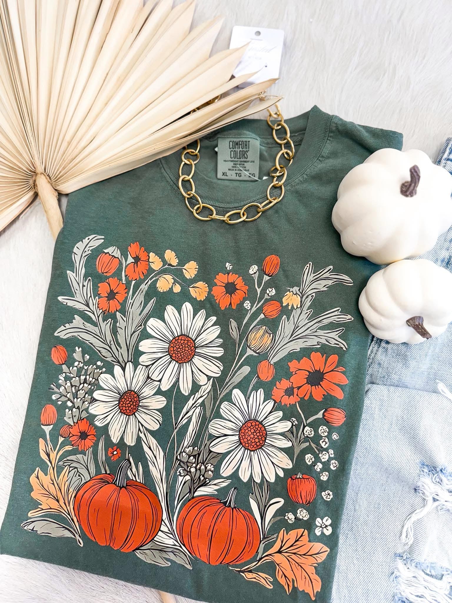 Floral Pumpkin with Daisies Graphic T-shirt - Coremarkets