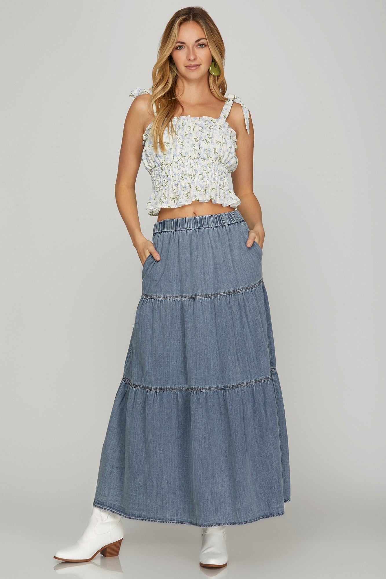 Rebecca Tiered Denim Long Skirt - Coremarkets