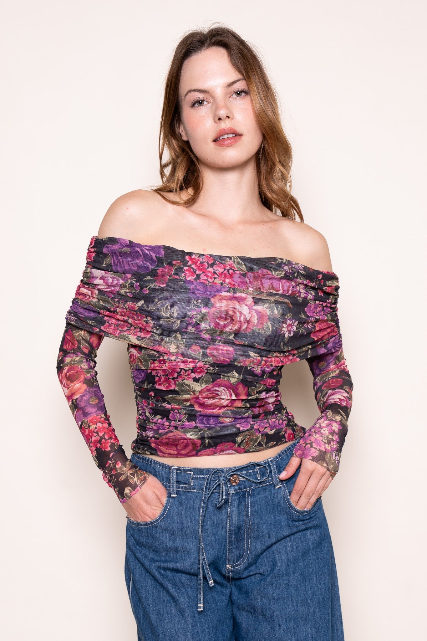 Becca Mesh Floral Printed Off Shoulder Top - Coremarkets