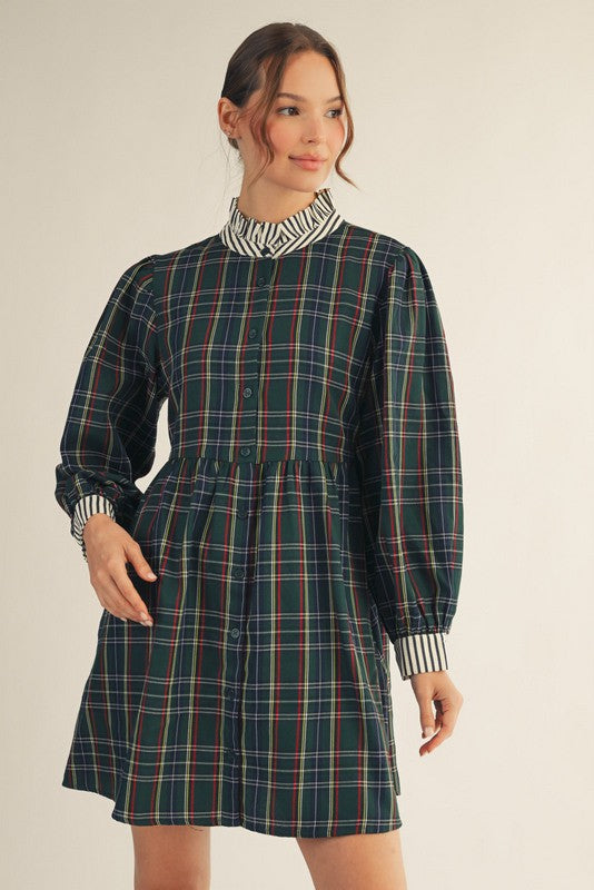Mary Plaid Contrasted Collar Dress - Coremarkets