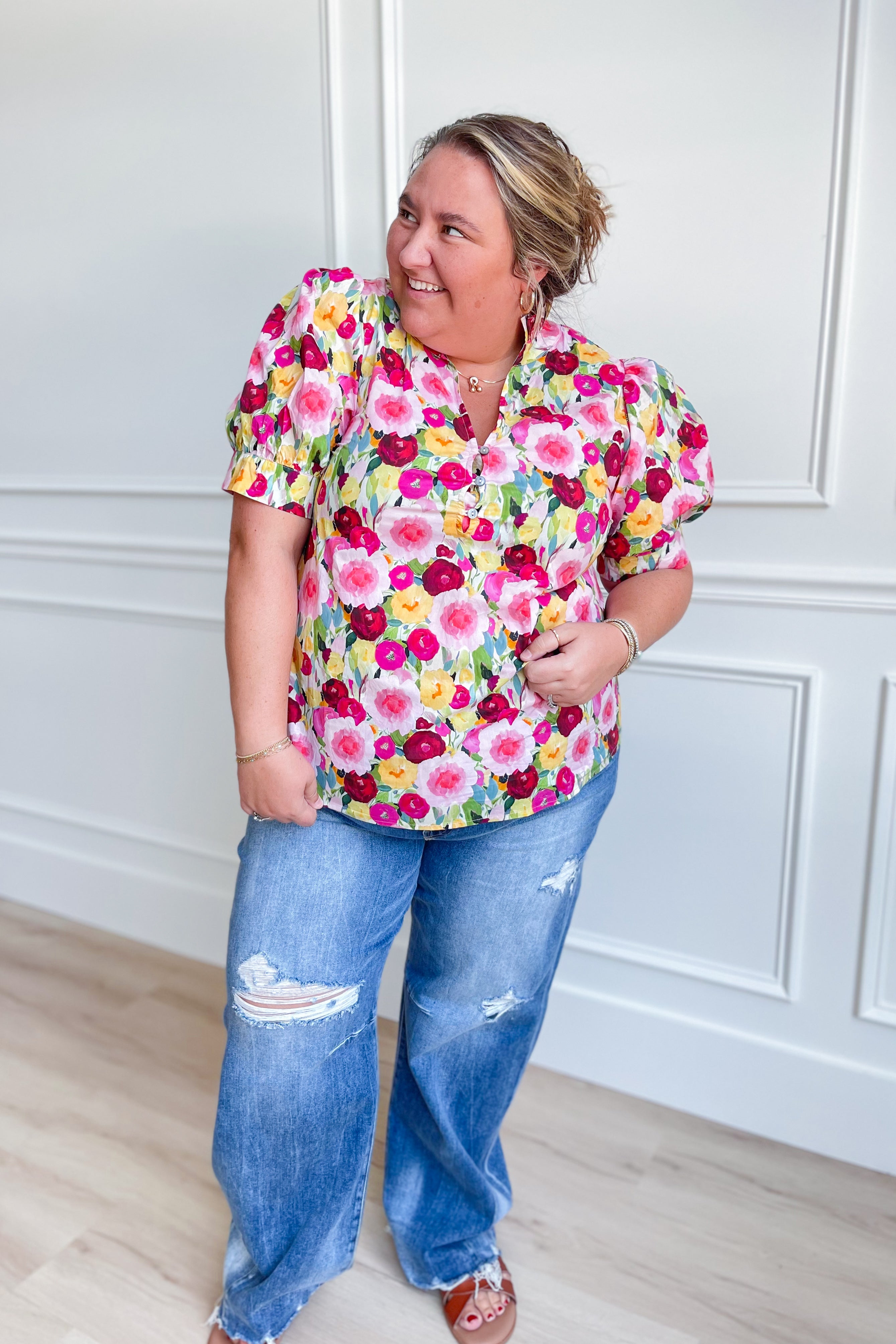 Kenzie Floral Print Split Neck Top - Coremarkets