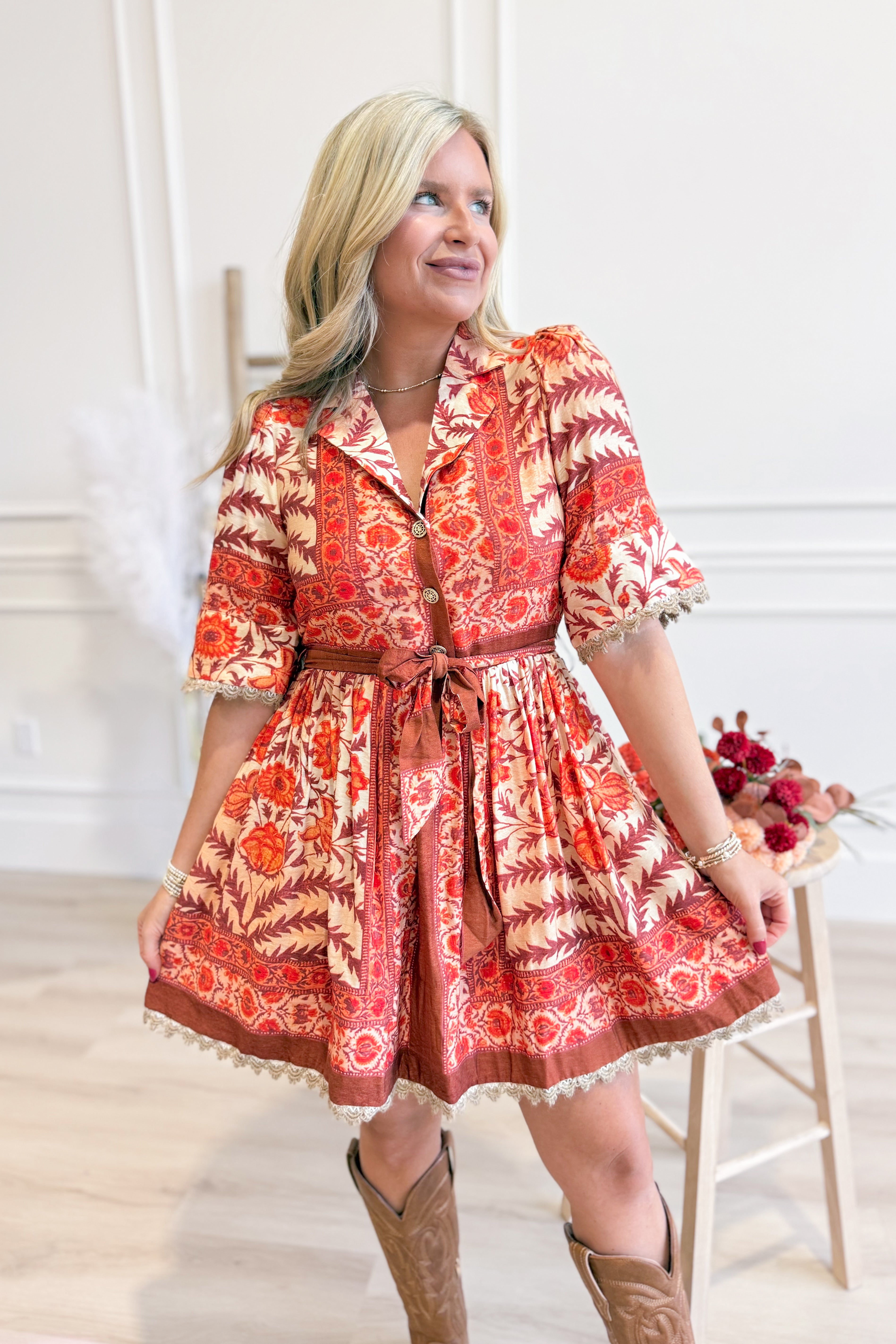 Caroline Botanical Print Puff Sleeve Dress - Coremarkets