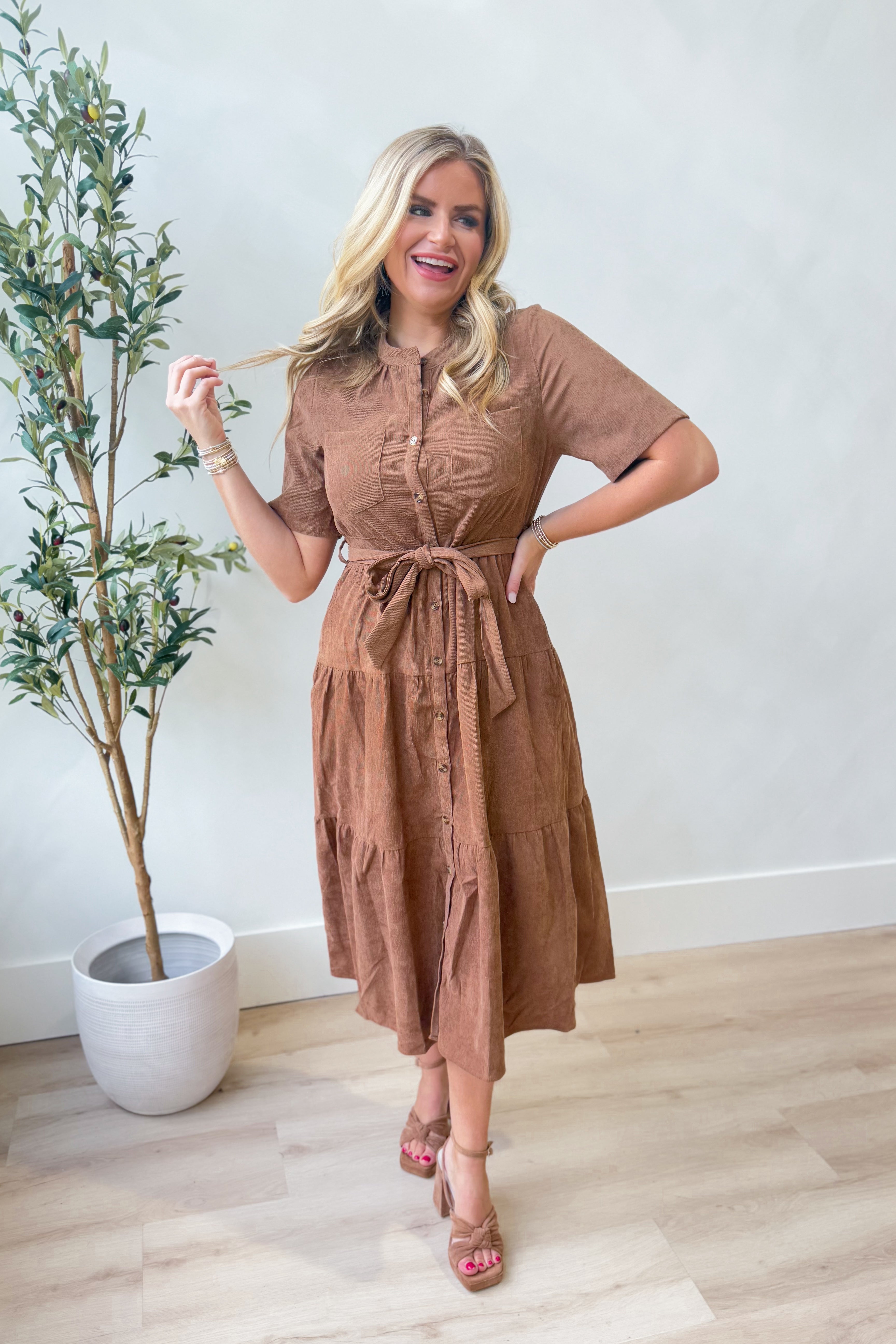 Lucy Corduroy Tie Waist Midi Dress - Coremarkets