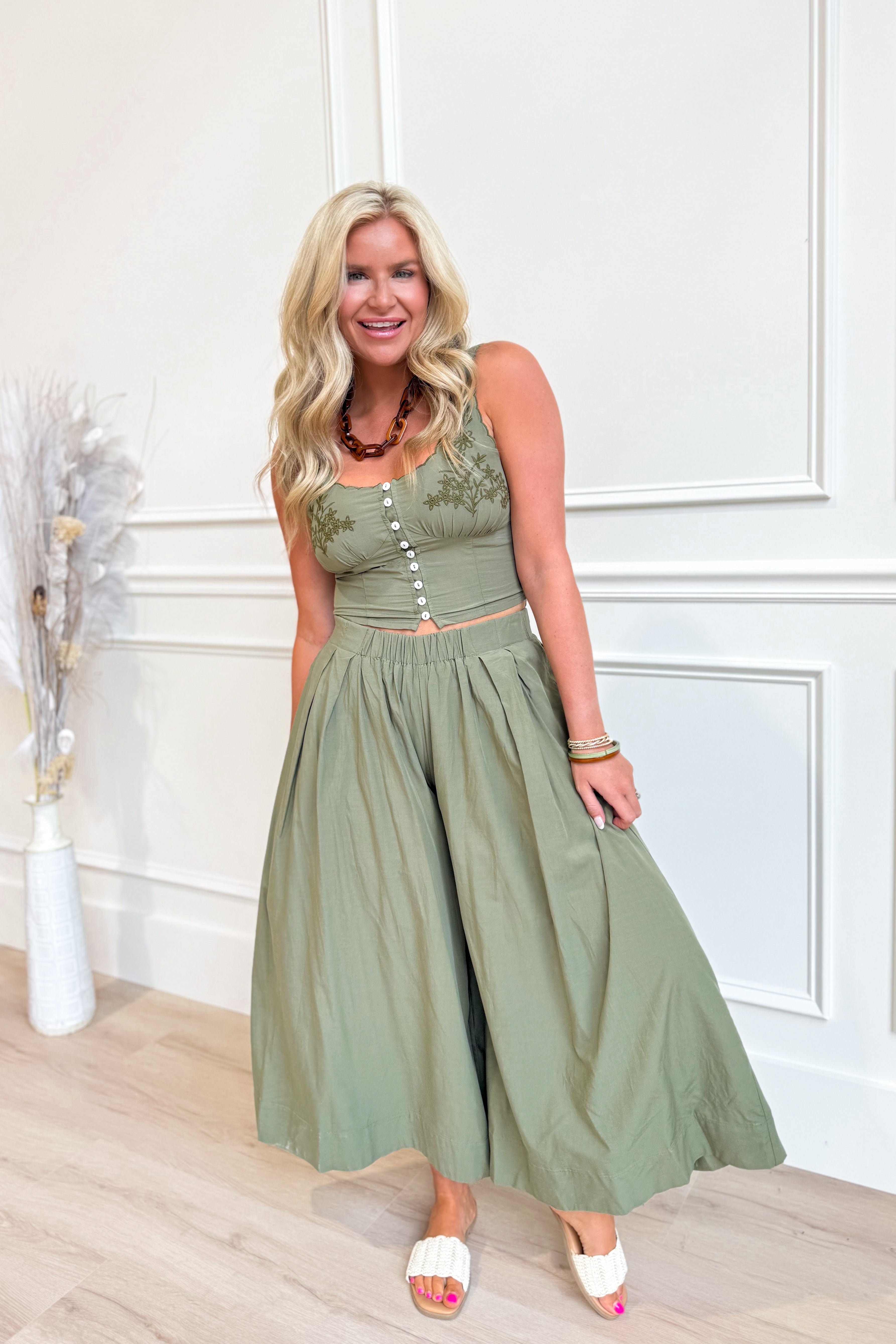 Whitney Embroidered Midi Pant Set - Coremarkets