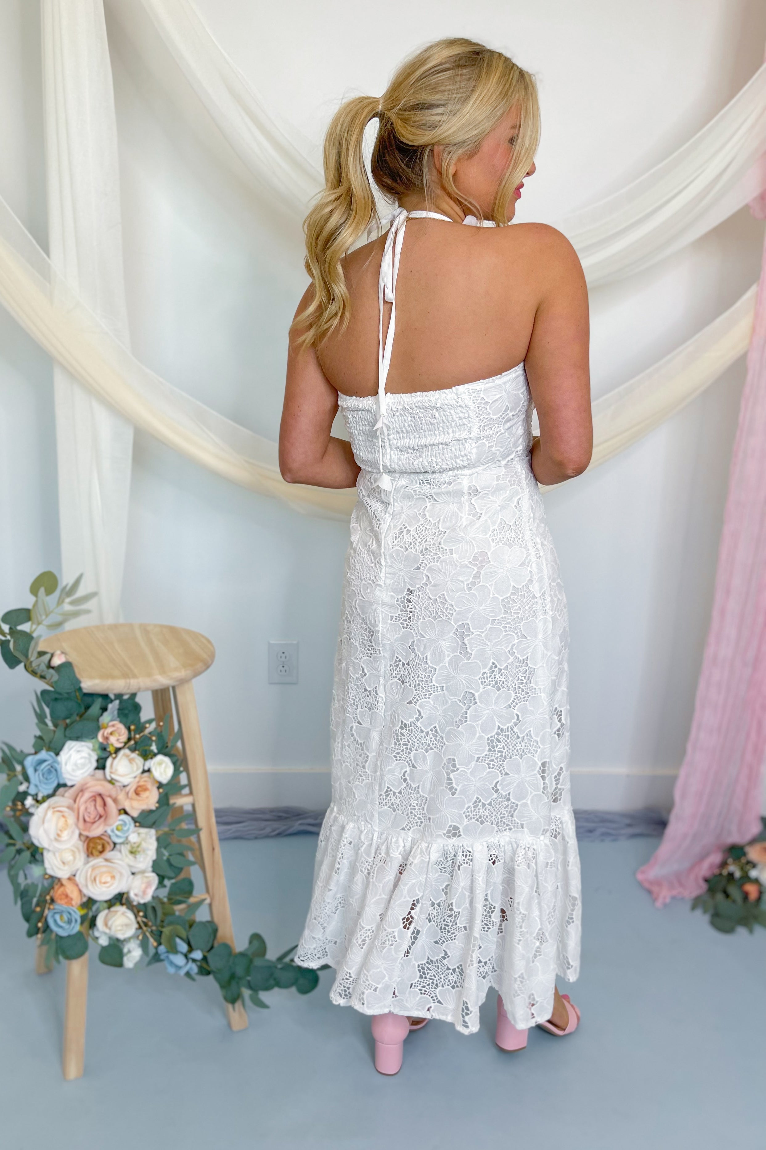 Kinlee Flower Trim Halter Tie Lace Midi Dress - Coremarkets