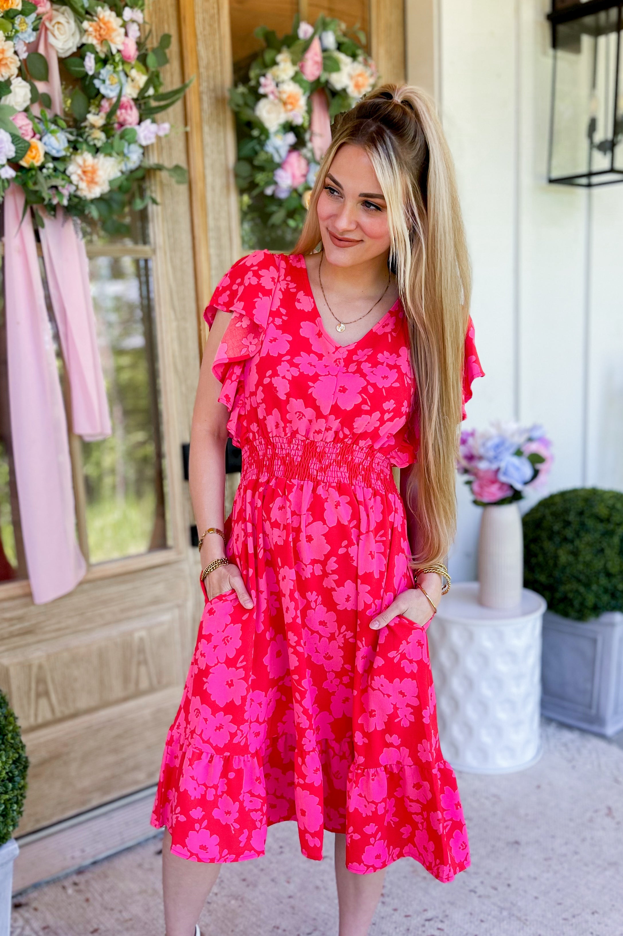 Morris V Neck Short Sleeve Floral Midi Dress - Coremarkets