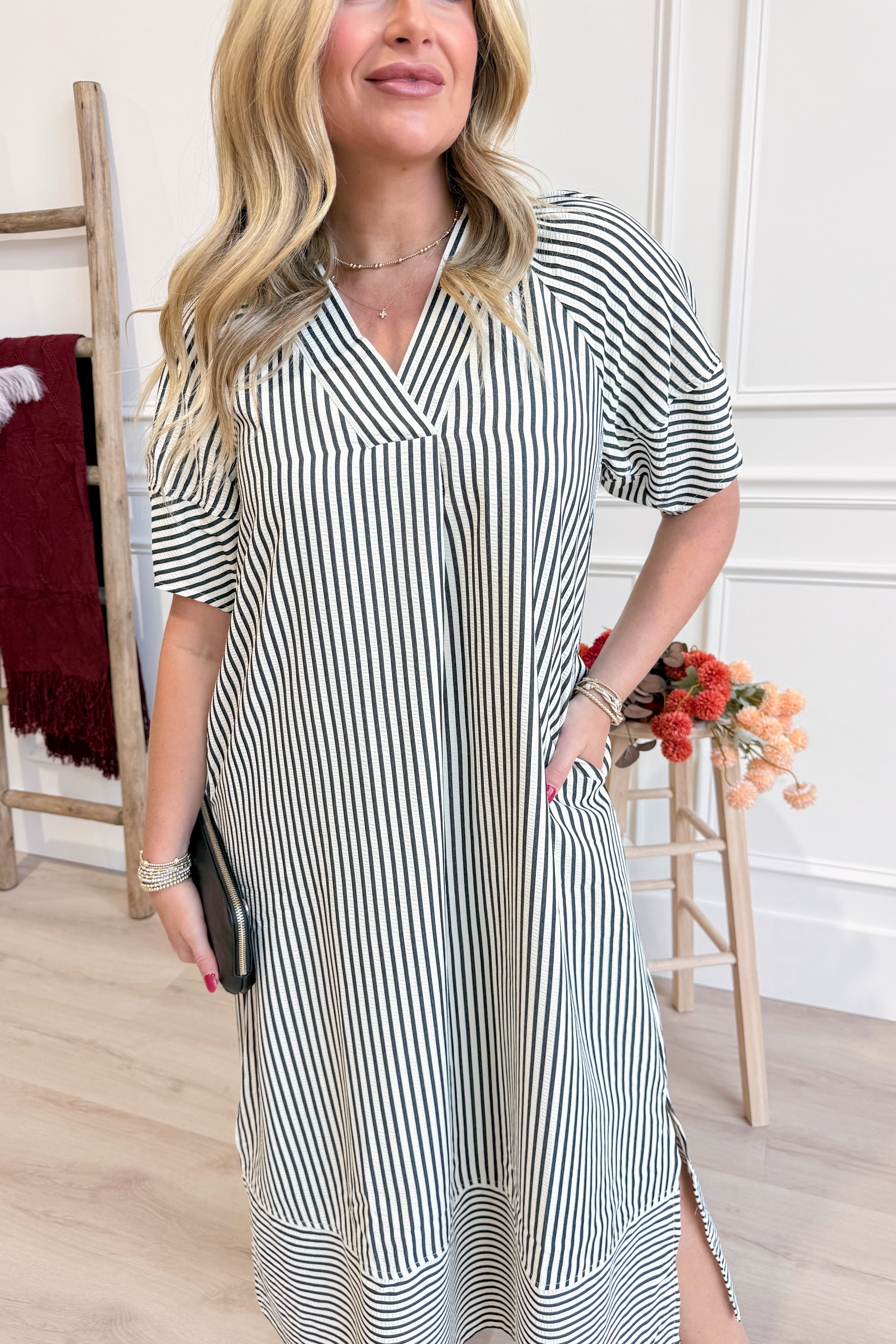 Karen Striped Split Neck Midi Dress - Coremarkets