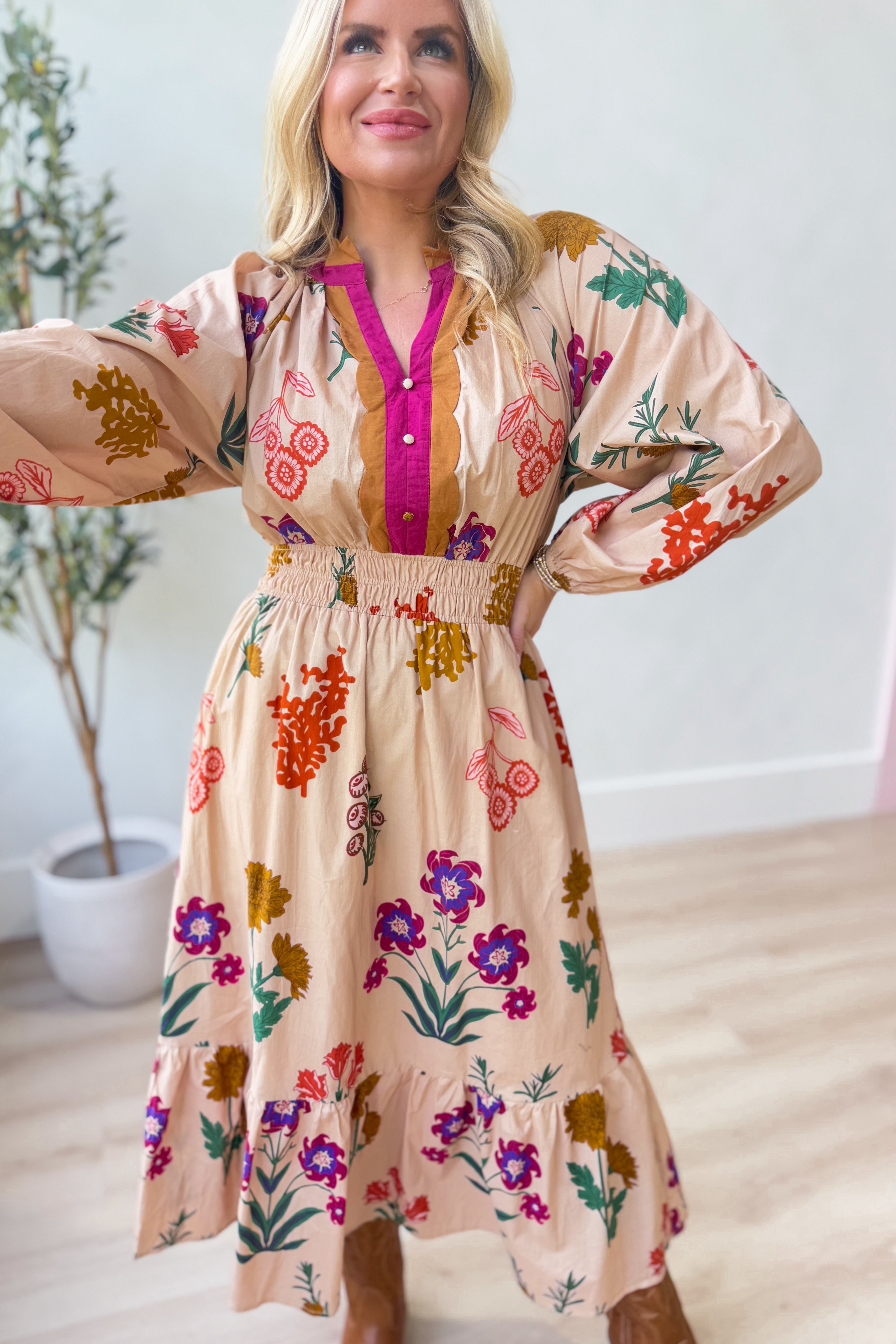 London Floral Printed Smocked Waist Midi Dress - Coremarkets