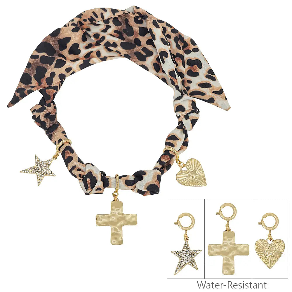 Cheetah Print with Heart, Cross and Star Charm Scarf Necklace - Coremarkets