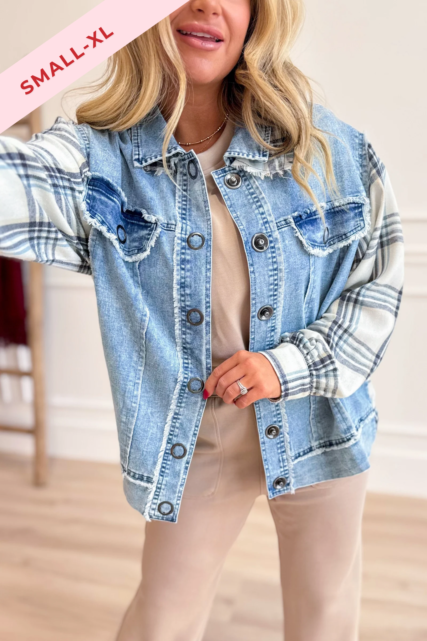 Patty Vintage Plaid Washed Denim Jacket - Coremarkets
