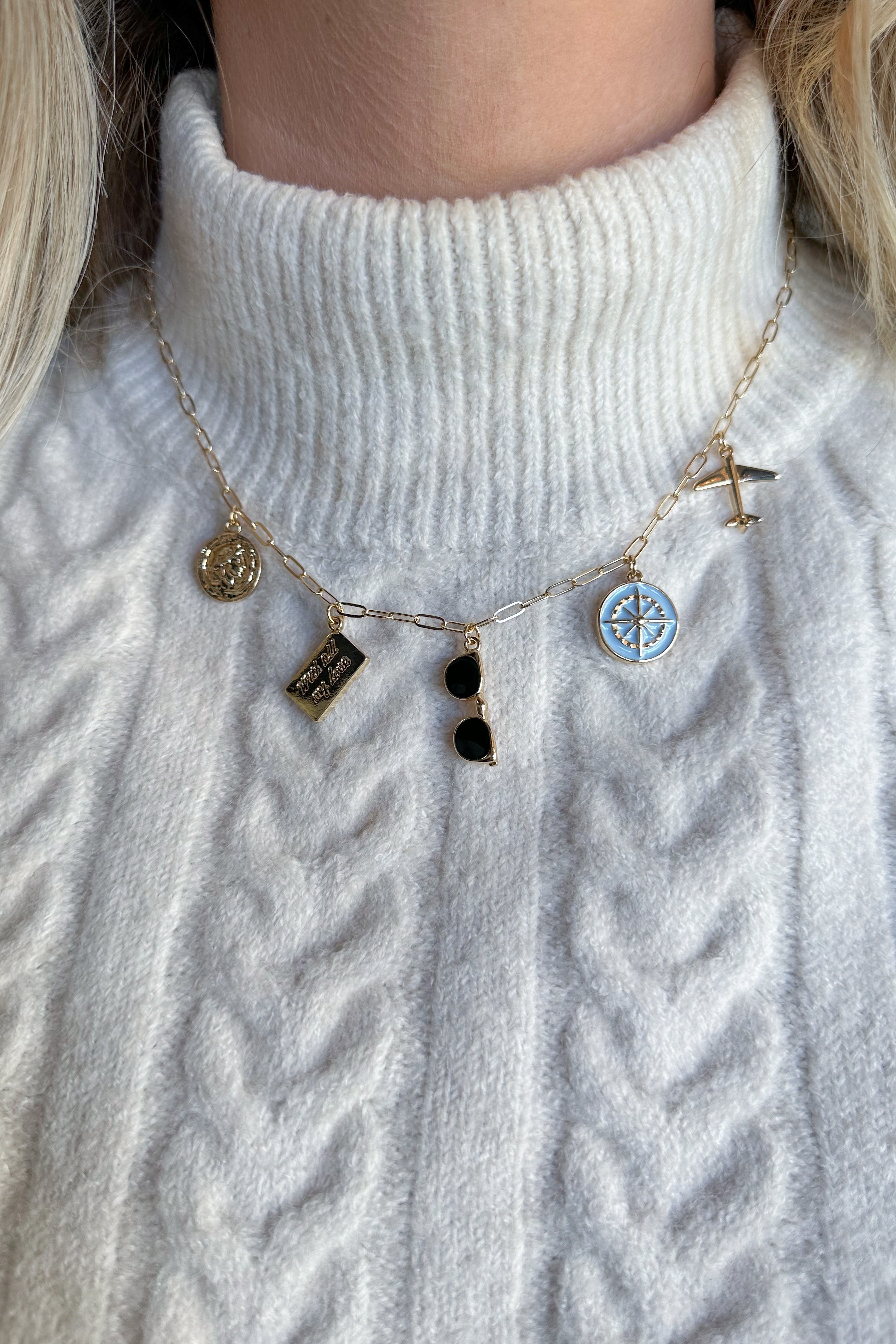 Charm Necklace ~ Gold "Travel" Sunglasses / Airplane Charm Necklace - Coremarkets