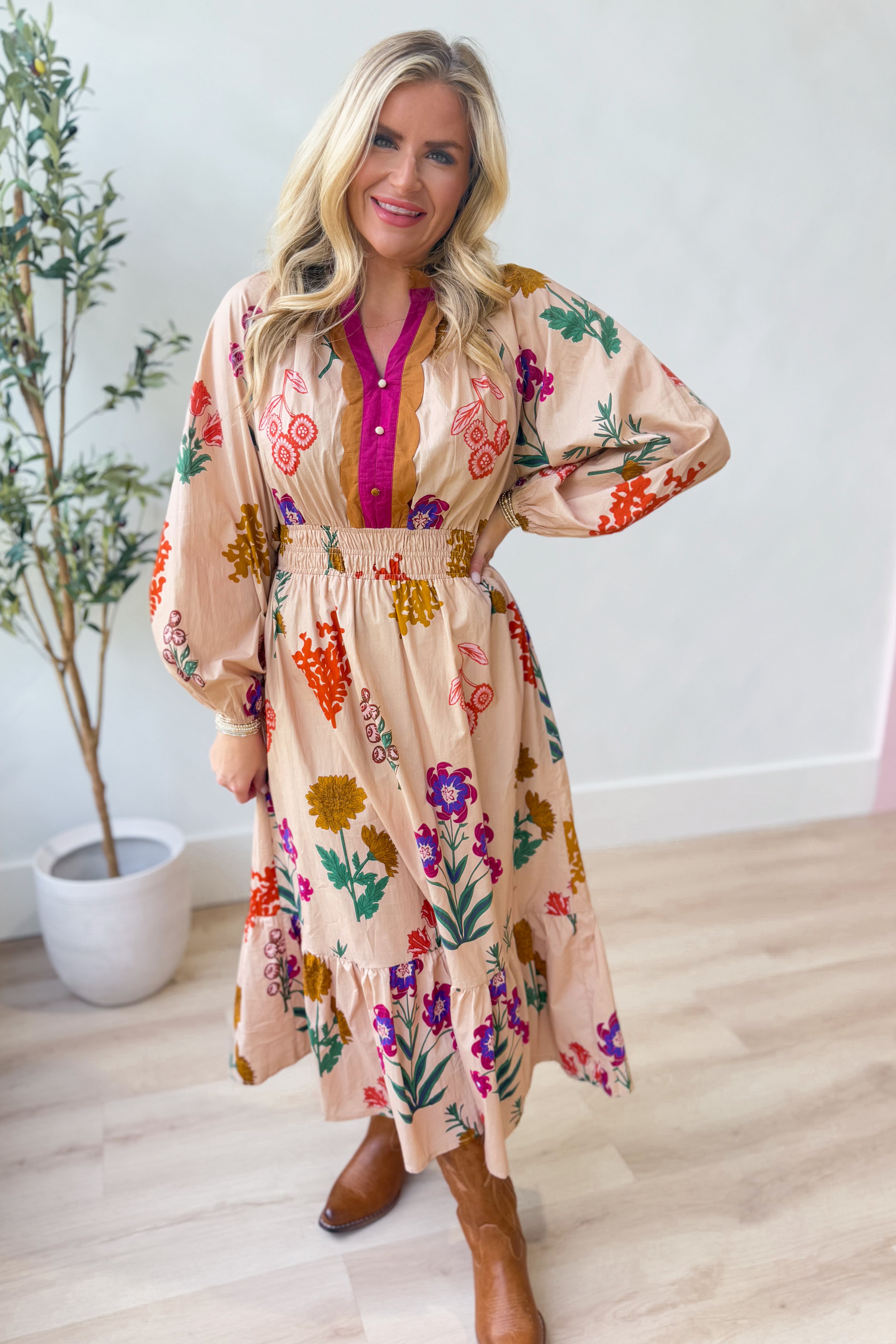 London Floral Printed Smocked Waist Midi Dress - Coremarkets