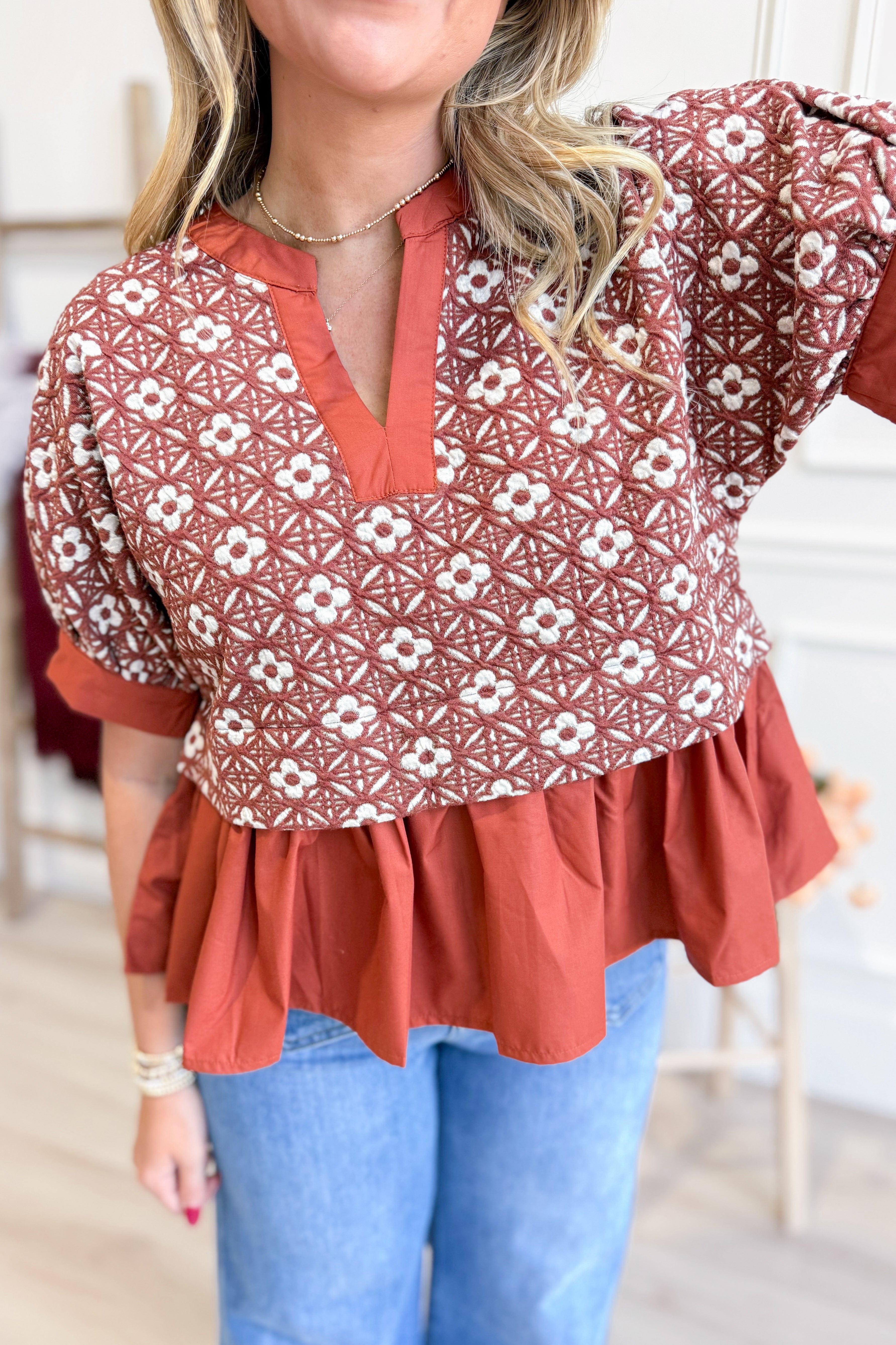 Francine Floral Jacquard Ruffle Hem Top - Coremarkets