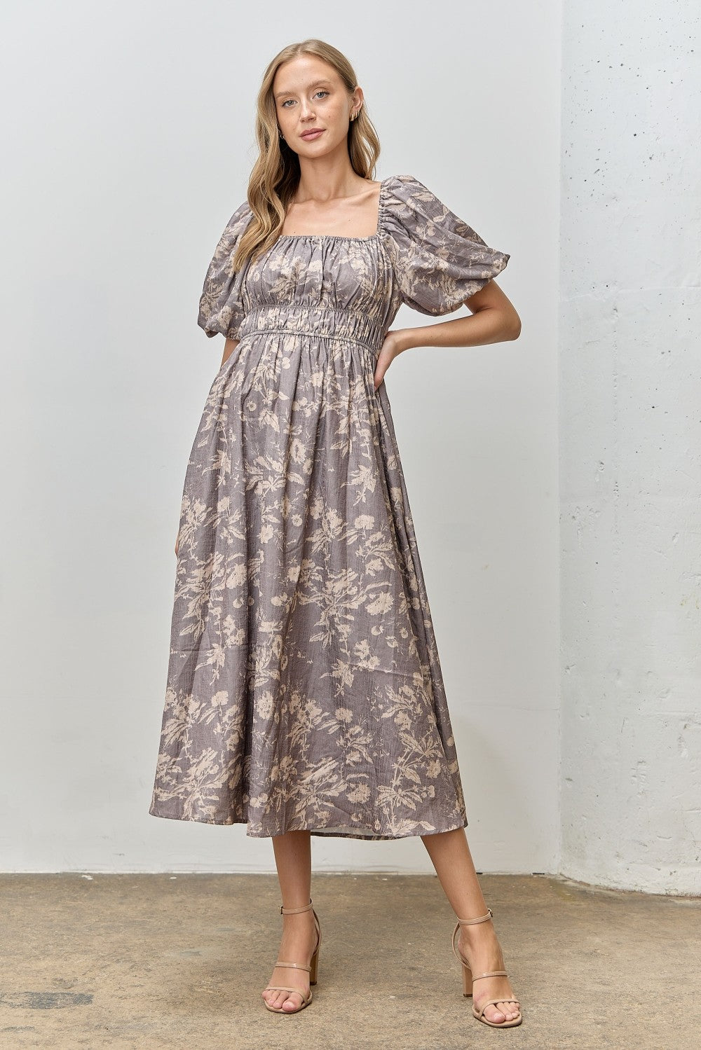 Courtney Floral Balloon Sleeve Midi Dress - Coremarkets