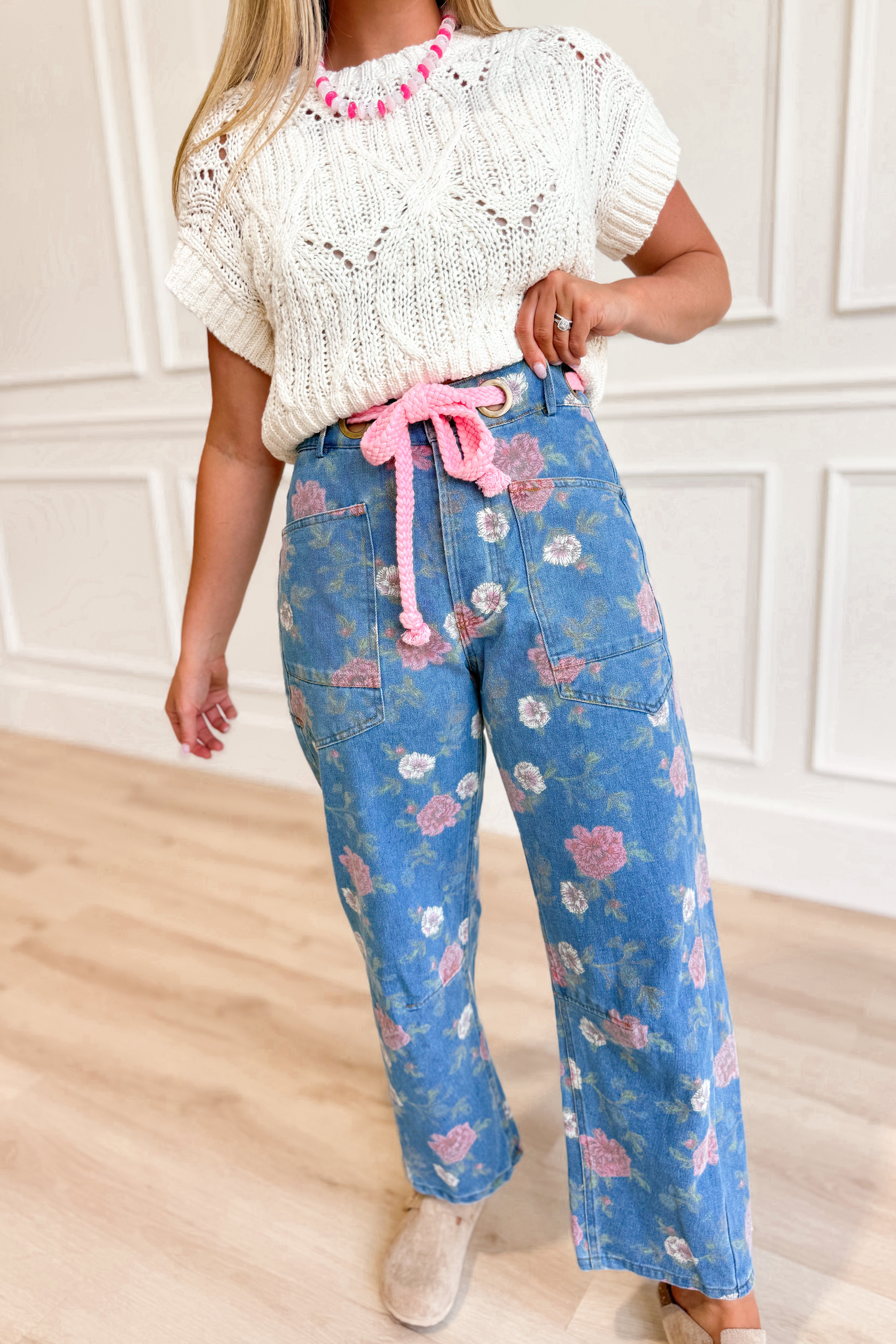 Scarlet Floral Rope Tie Barrel Jean - Coremarkets