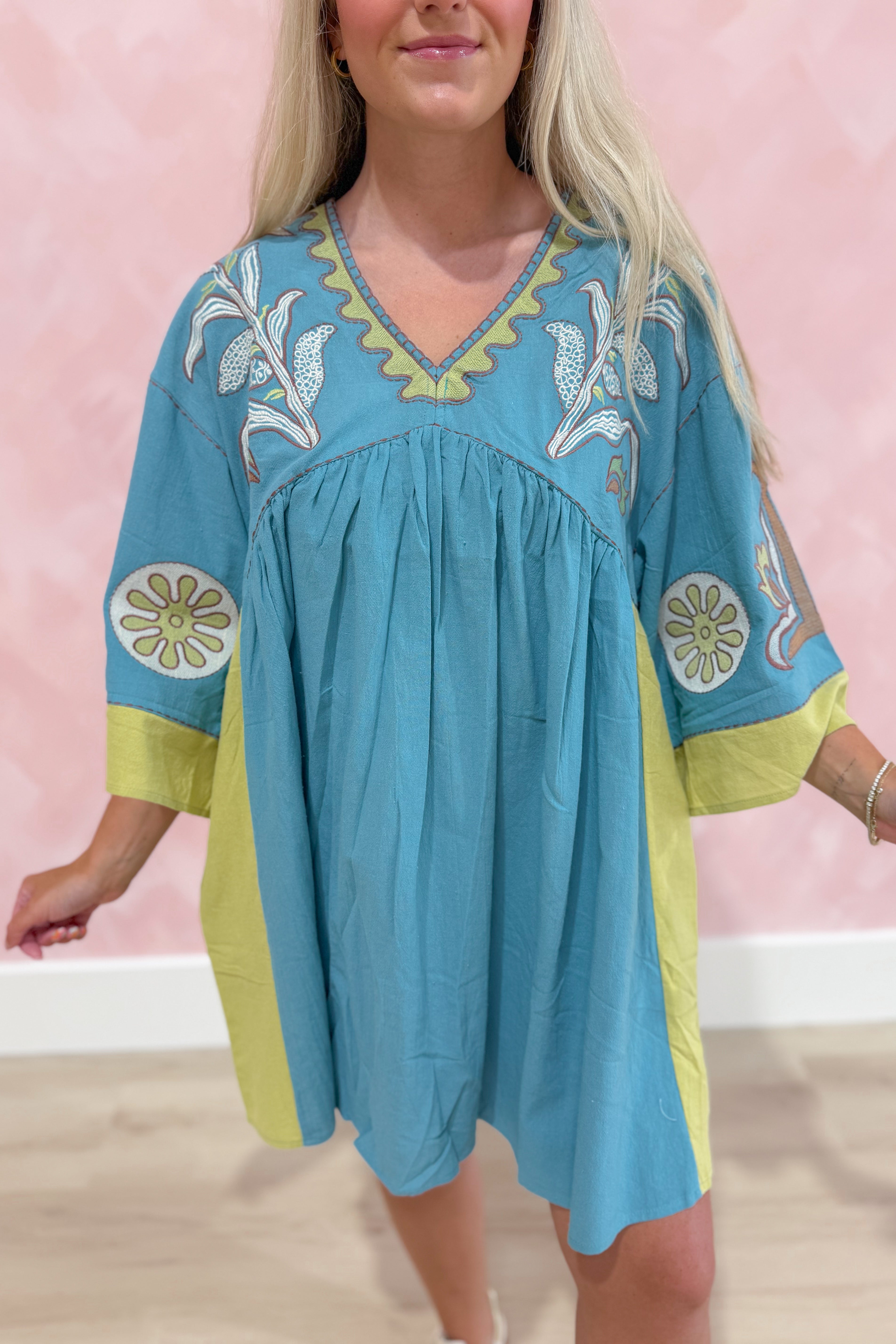 Tucker Embroidered 3/4 Sleeve Dress - Coremarkets