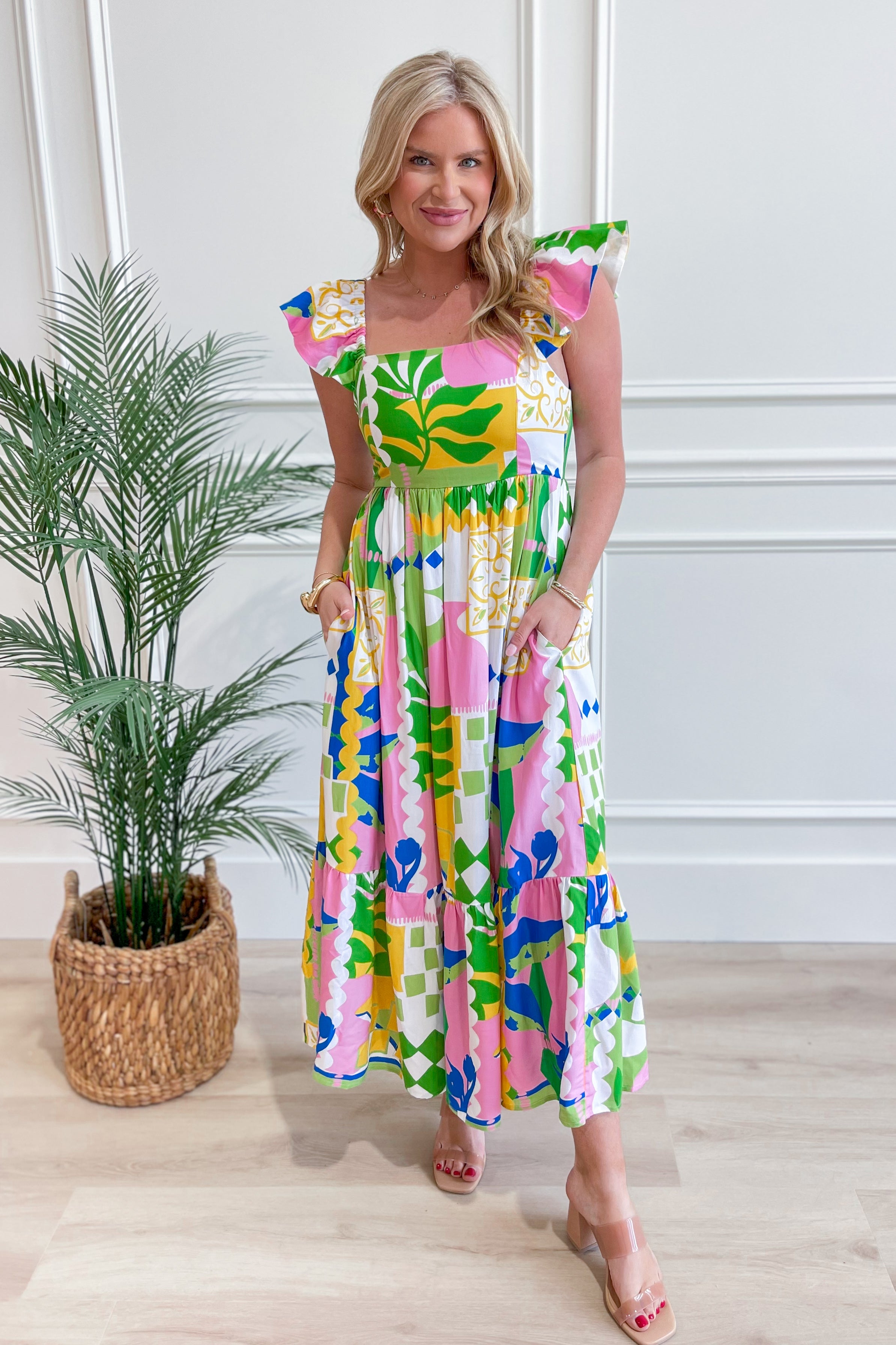 Lauren Abstract Printed Flutter Sleeve Dress - Coremarkets