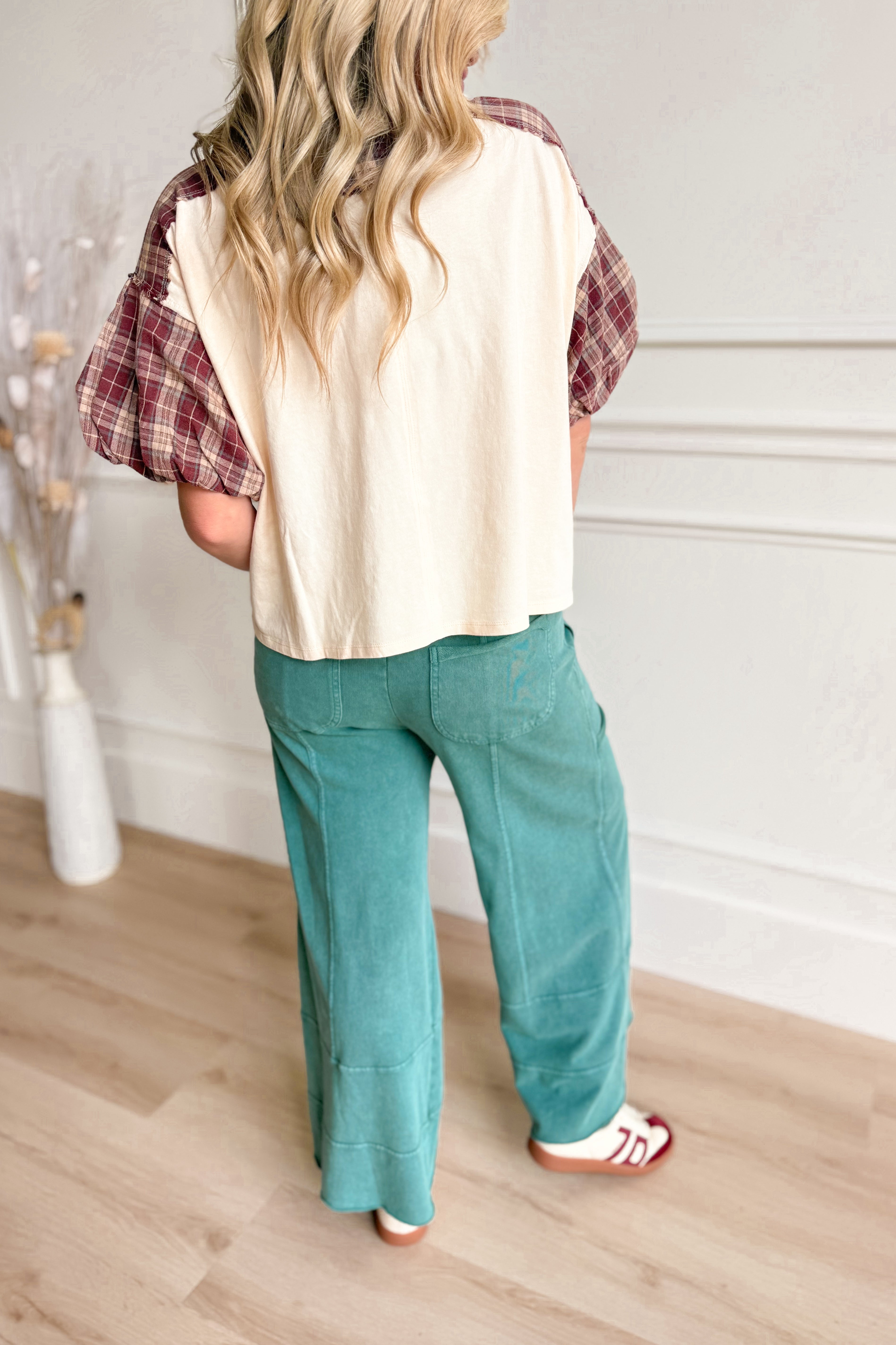 Callie Mineral Wash Plaid Puff Sleeve Top - Coremarkets