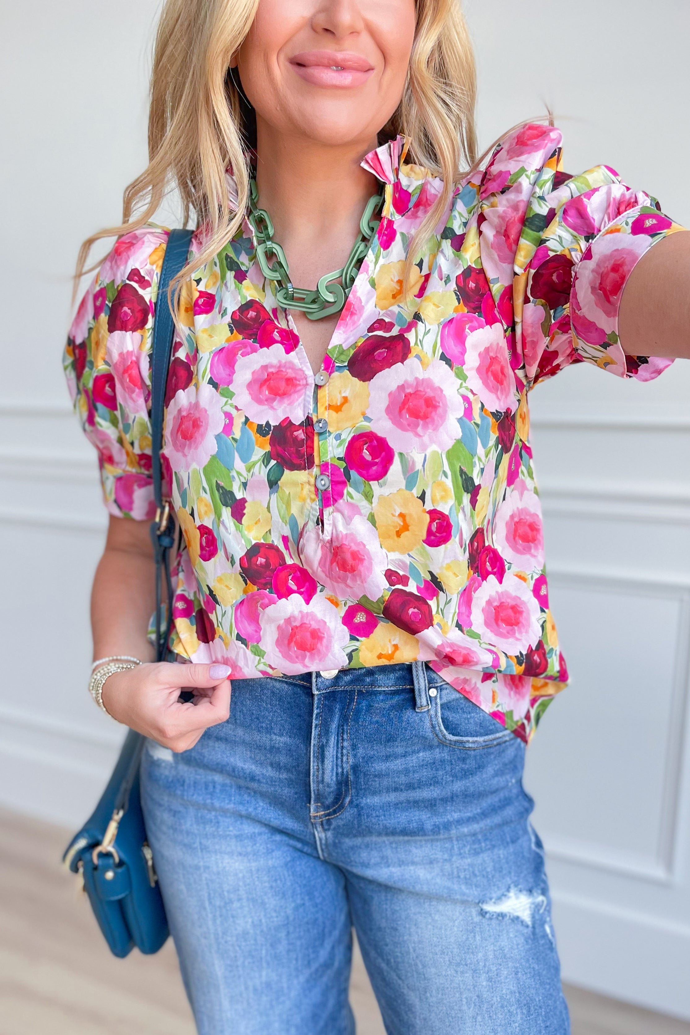 Kenzie Floral Print Split Neck Top - Coremarkets