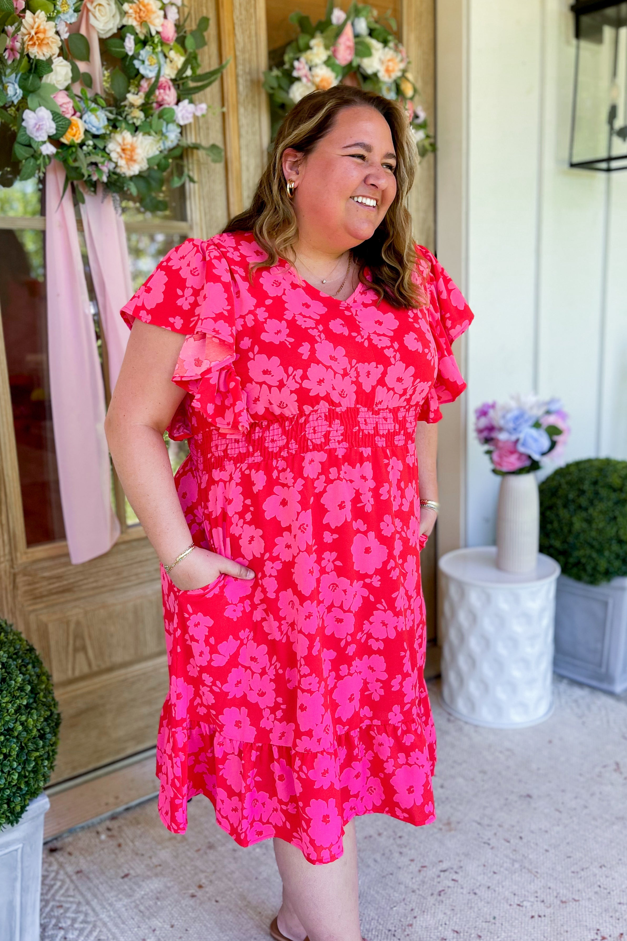 Morris V Neck Short Sleeve Floral Midi Dress - Coremarkets