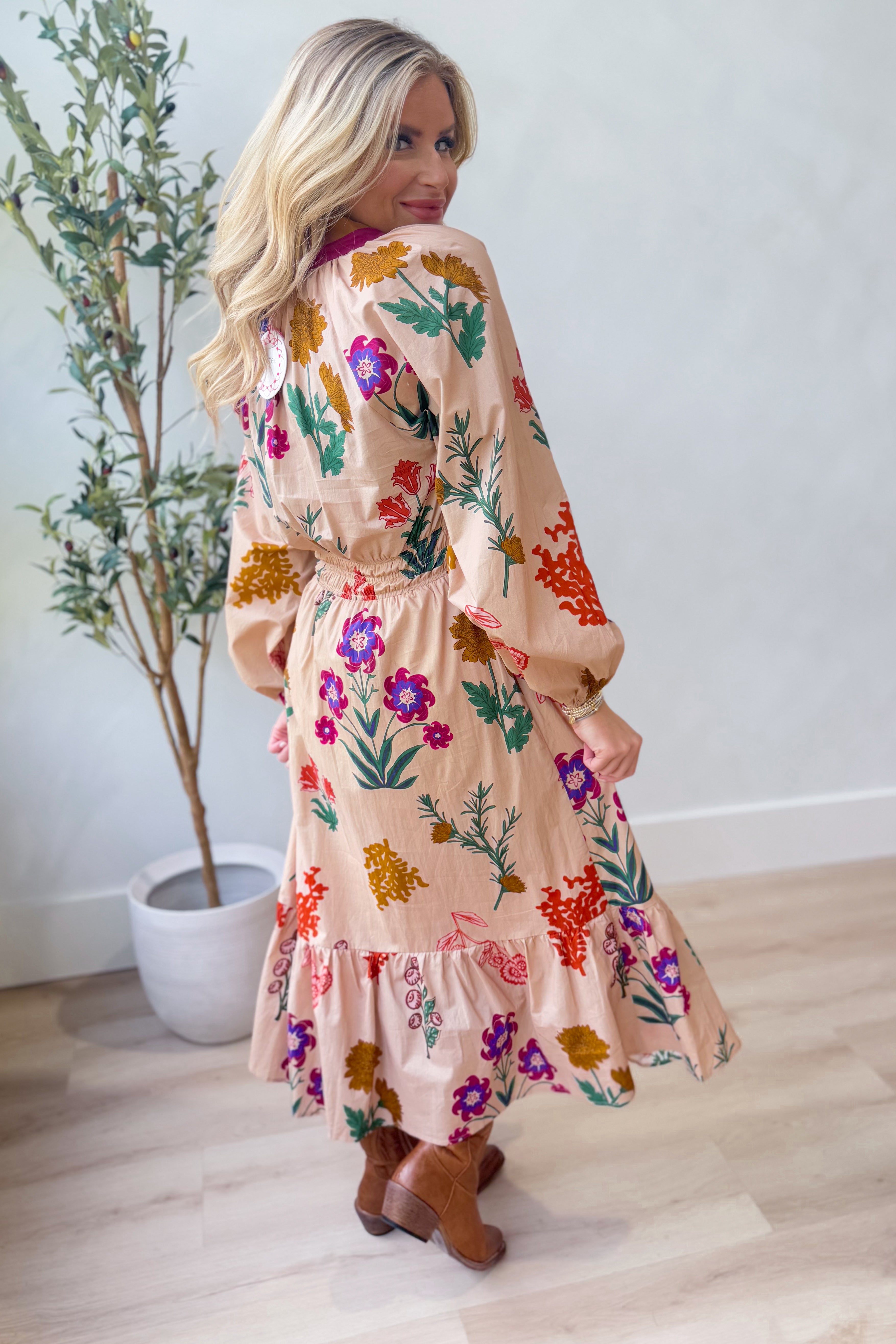 London Floral Printed Smocked Waist Midi Dress - Coremarkets