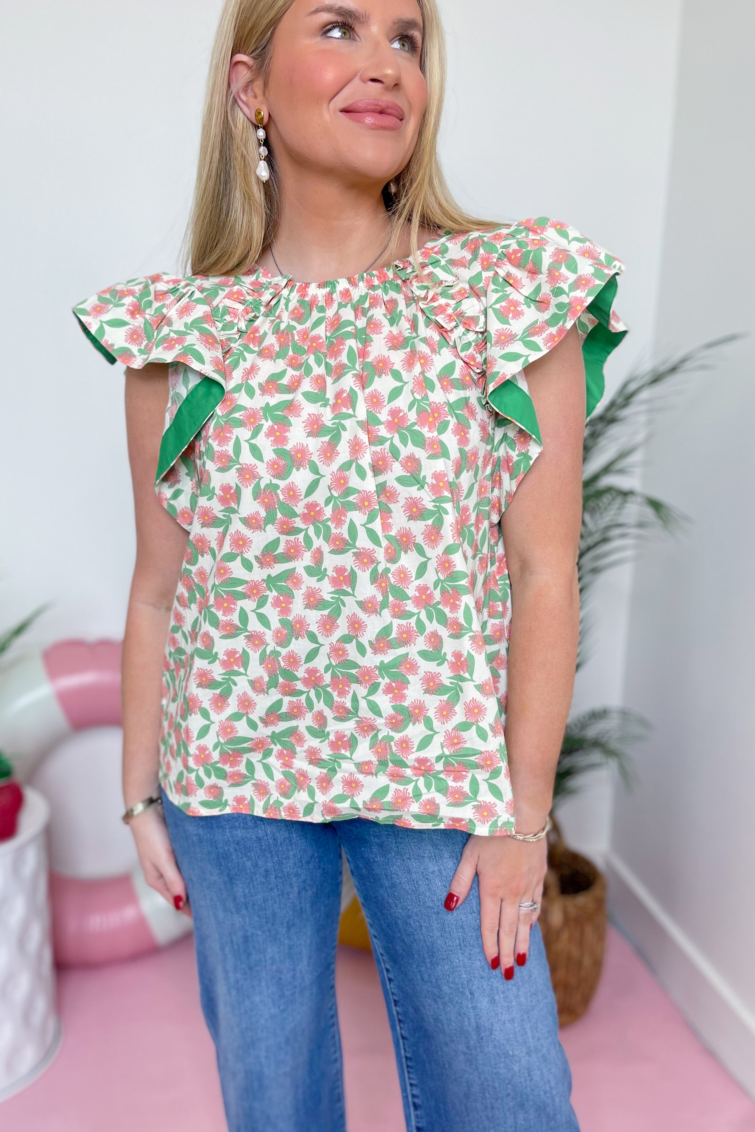 Anna Floral Printed Flutter Sleeve Top - Coremarkets