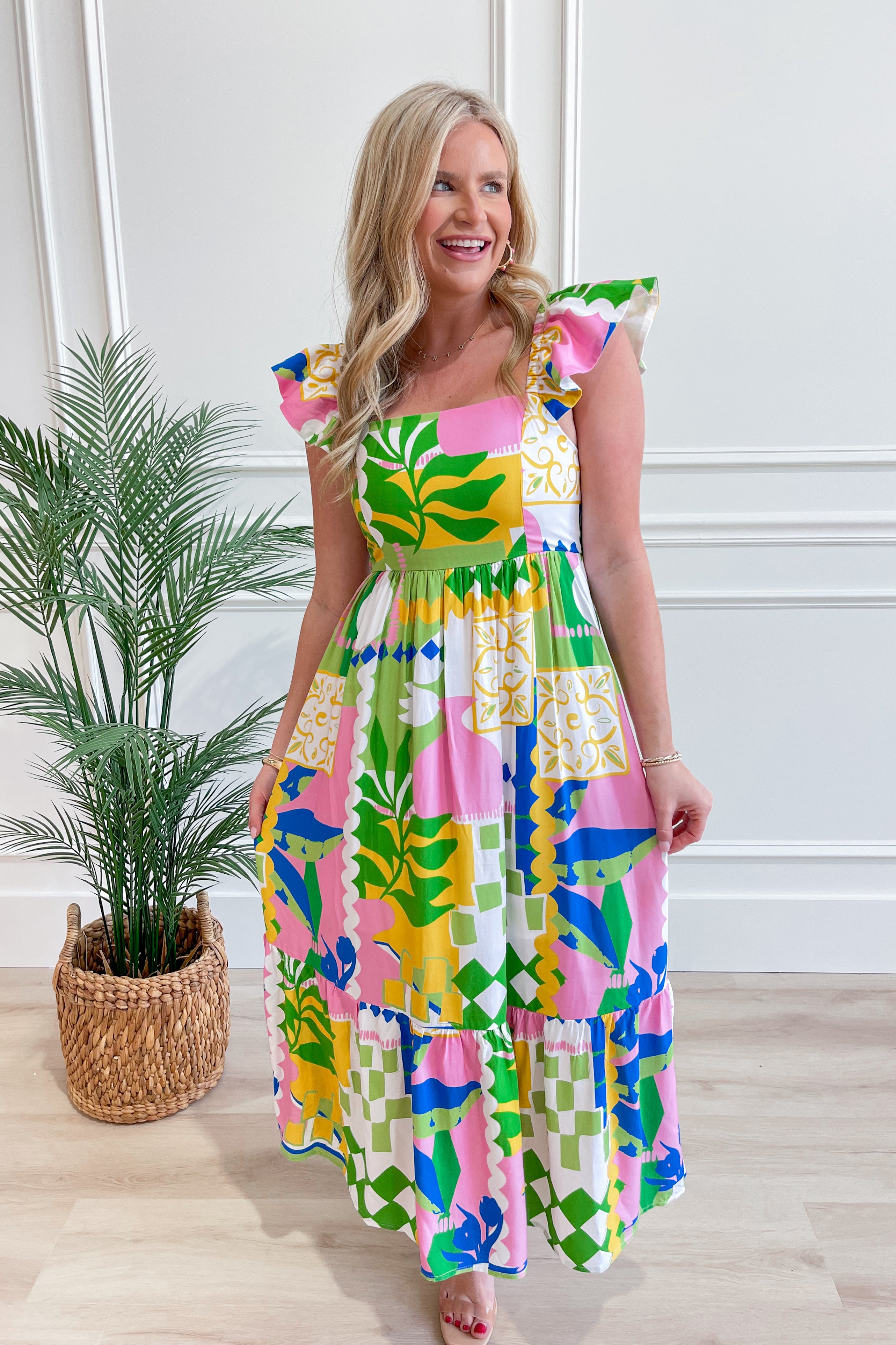 Lauren Abstract Printed Flutter Sleeve Dress - Coremarkets