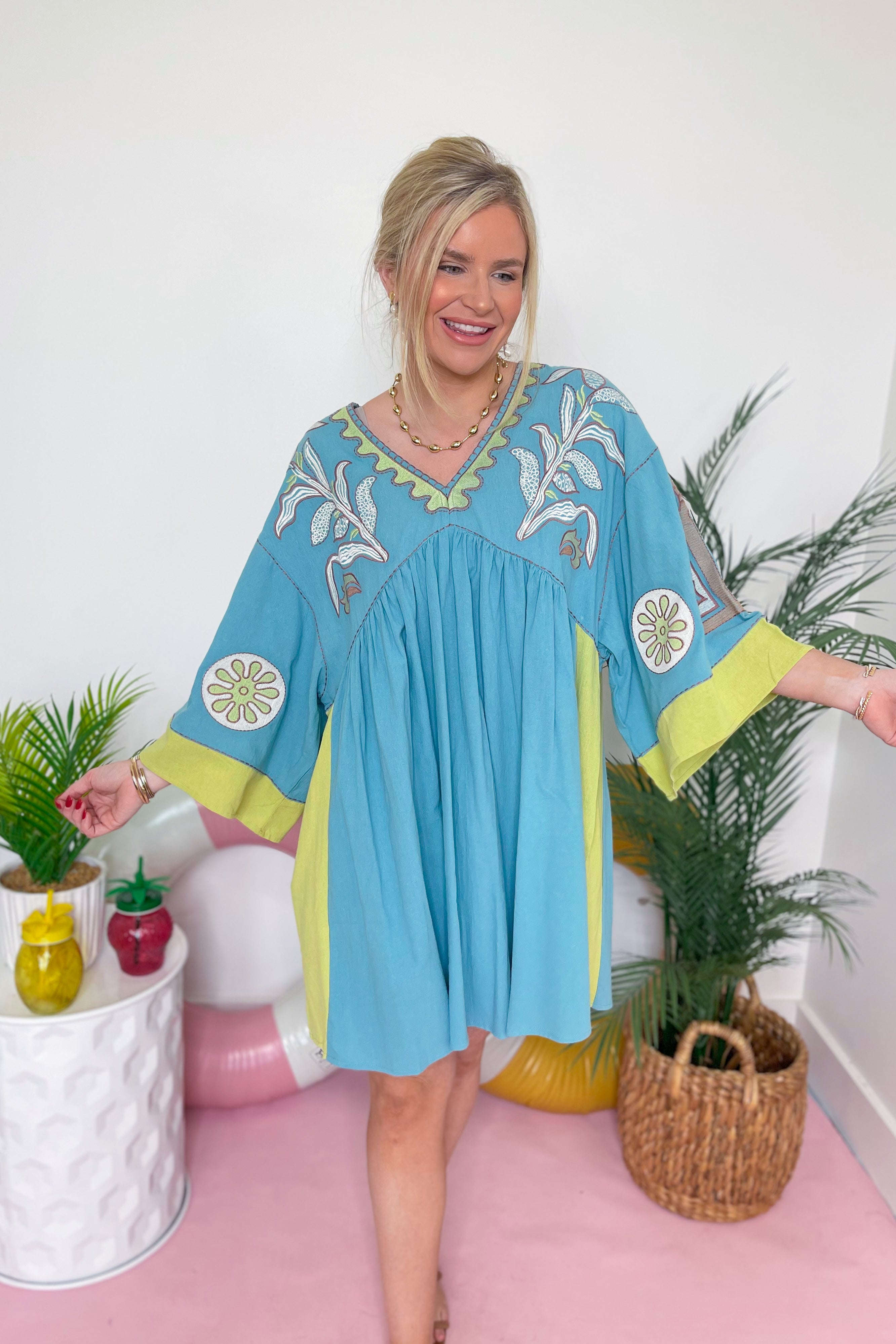 Tucker Embroidered 3/4 Sleeve Dress - Coremarkets