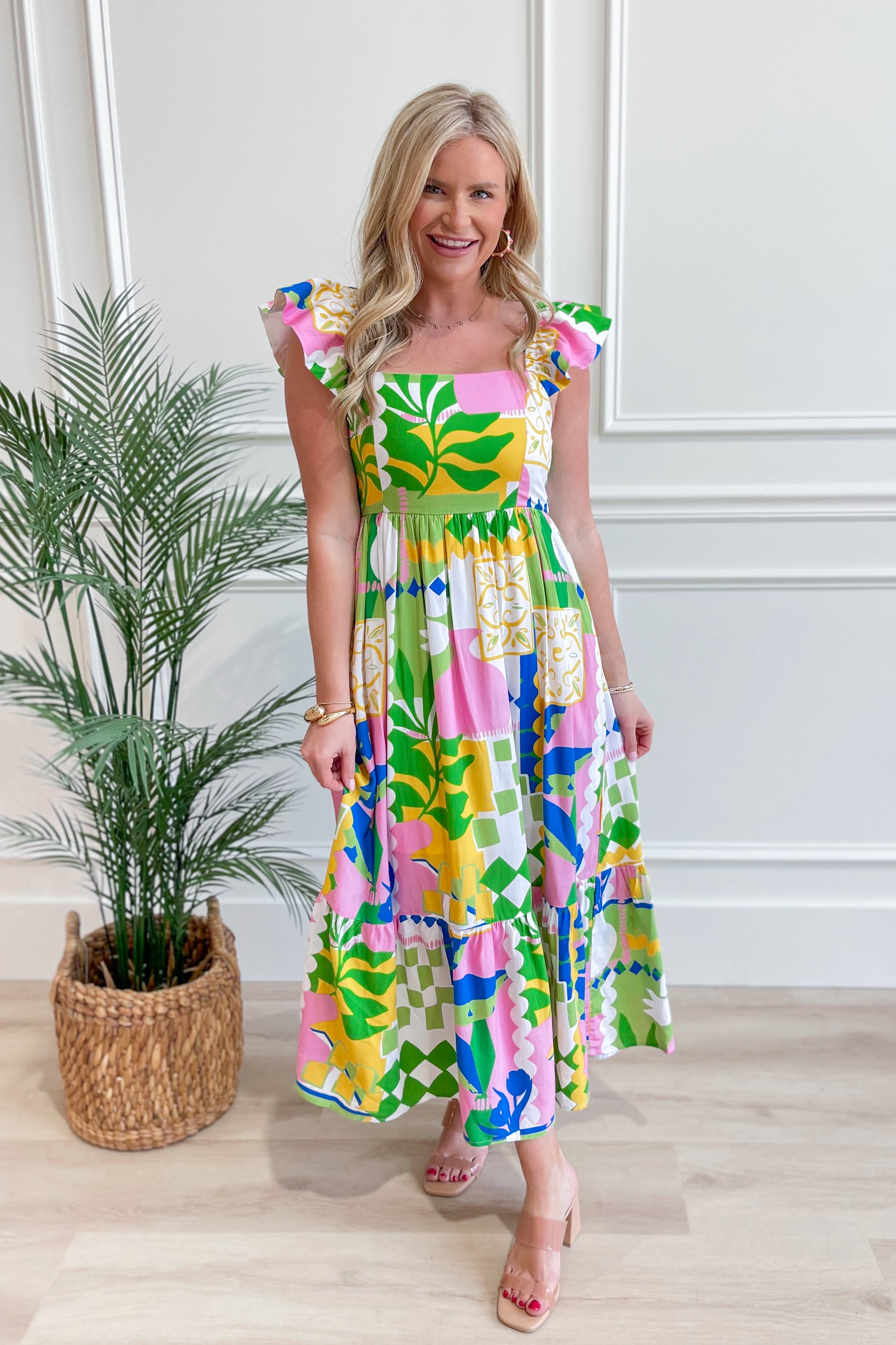 Lauren Abstract Printed Flutter Sleeve Dress - Coremarkets