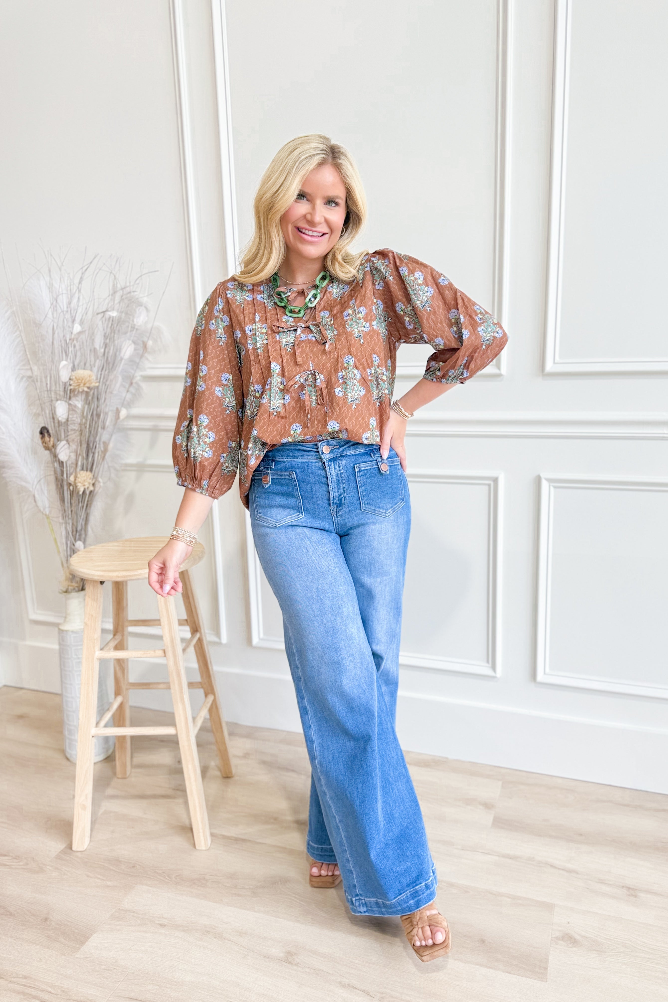 Charlene Mixed Floral Tie Neck Top - Coremarkets