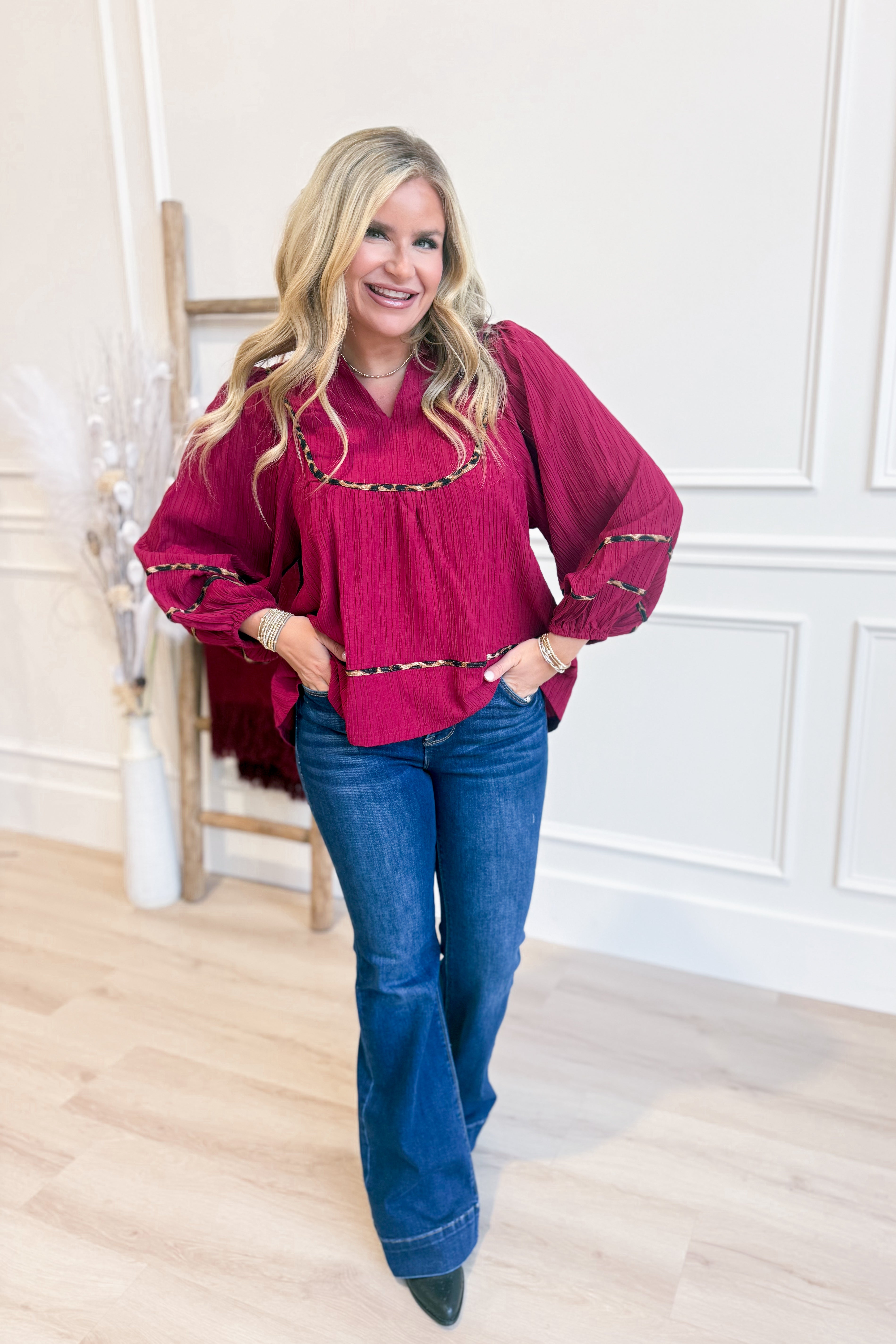 Stacie Leopard Trim Blouse Top - Coremarkets