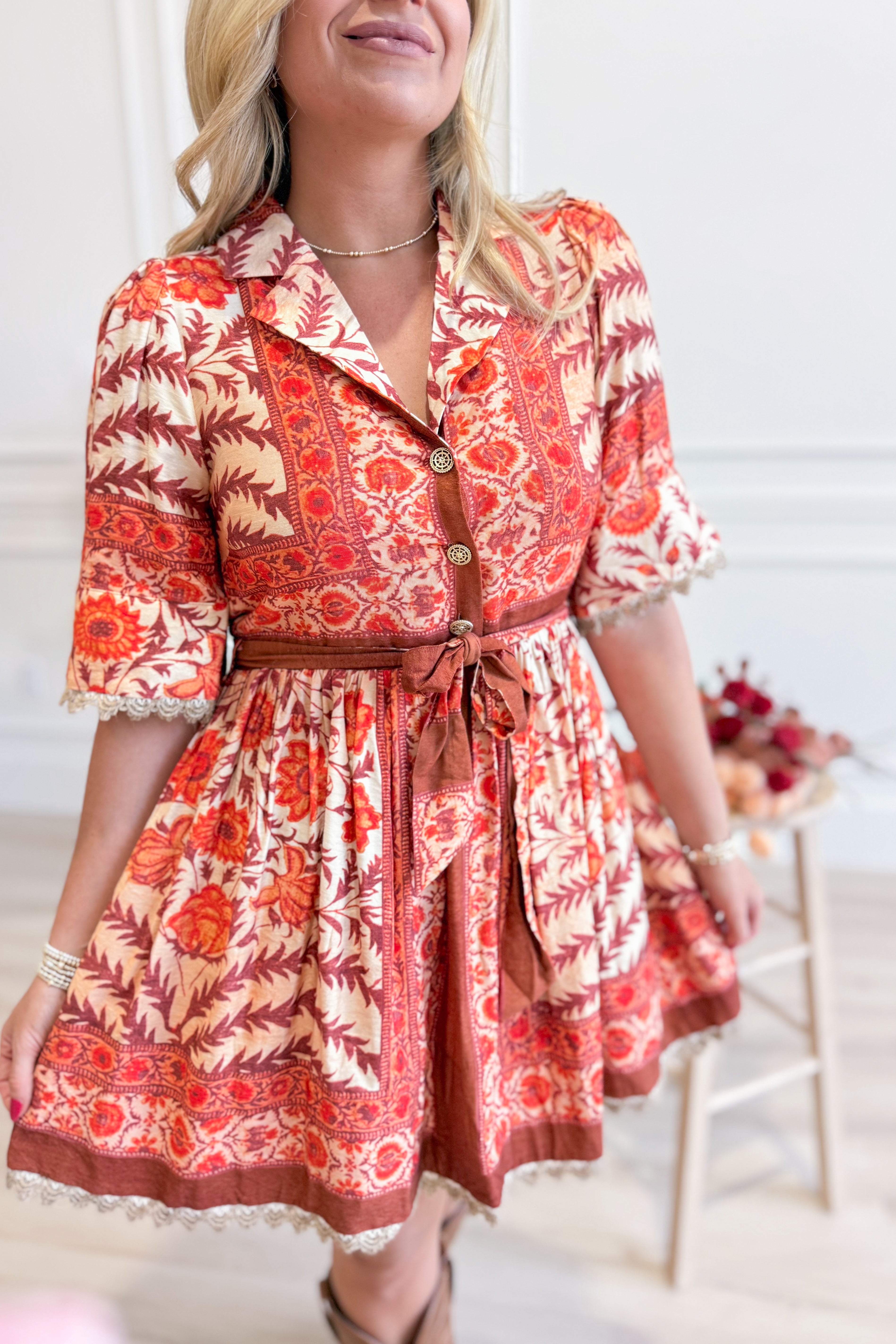 Caroline Botanical Print Puff Sleeve Dress - Coremarkets