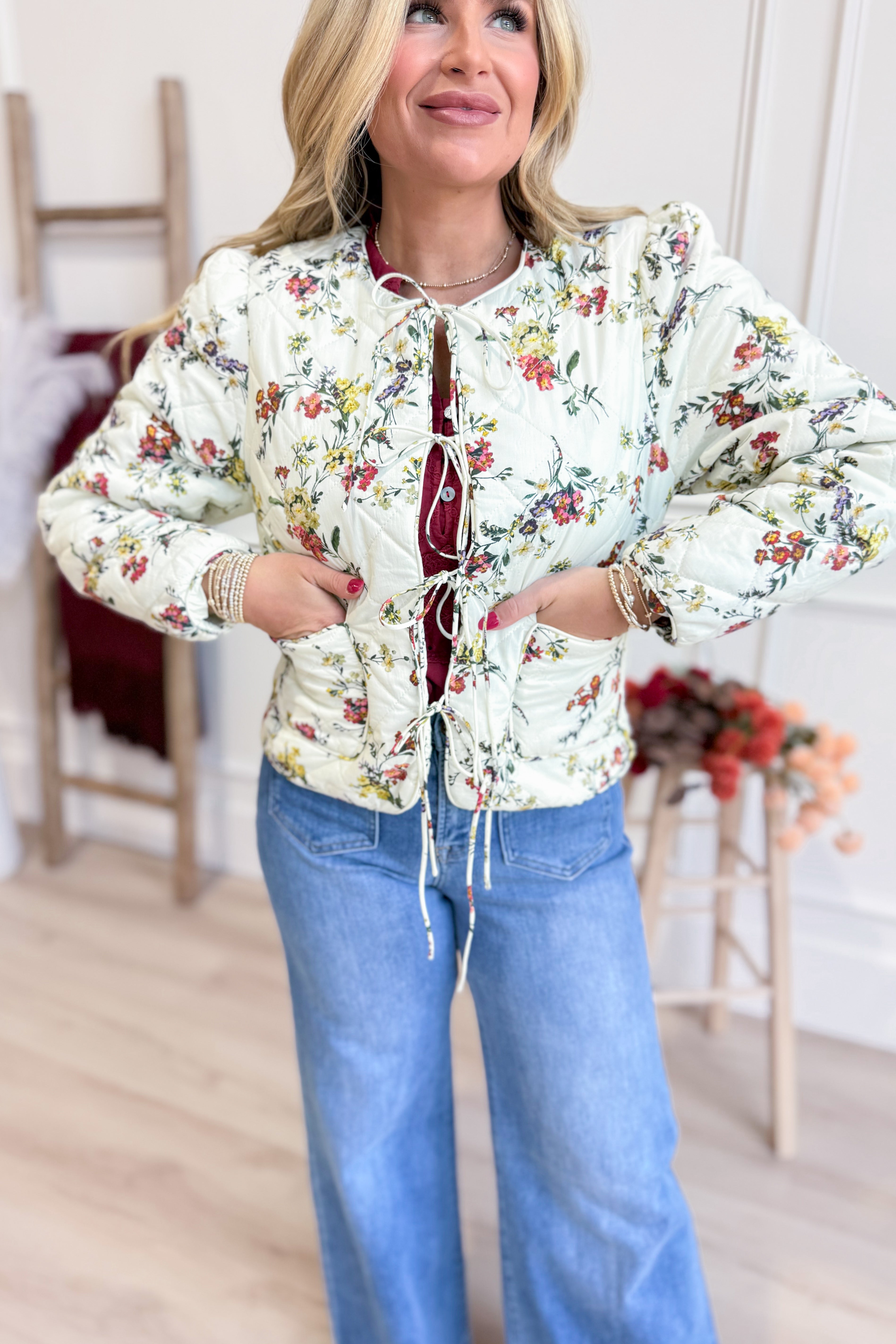 Tori Floral Quilted Tie Front Jacket - Coremarkets