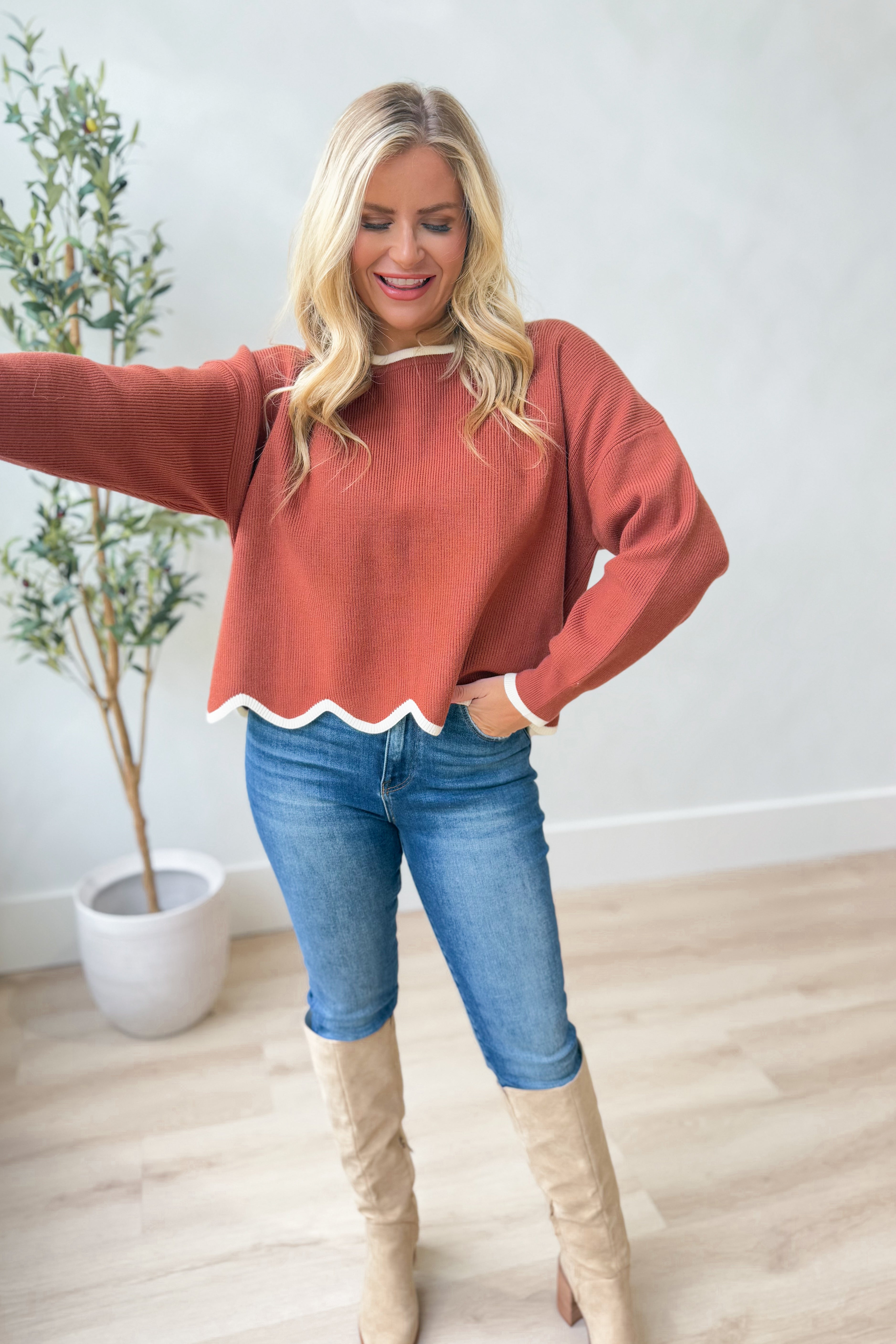 Gracie Long Sleeve Scallop Hem Sweater - Coremarkets