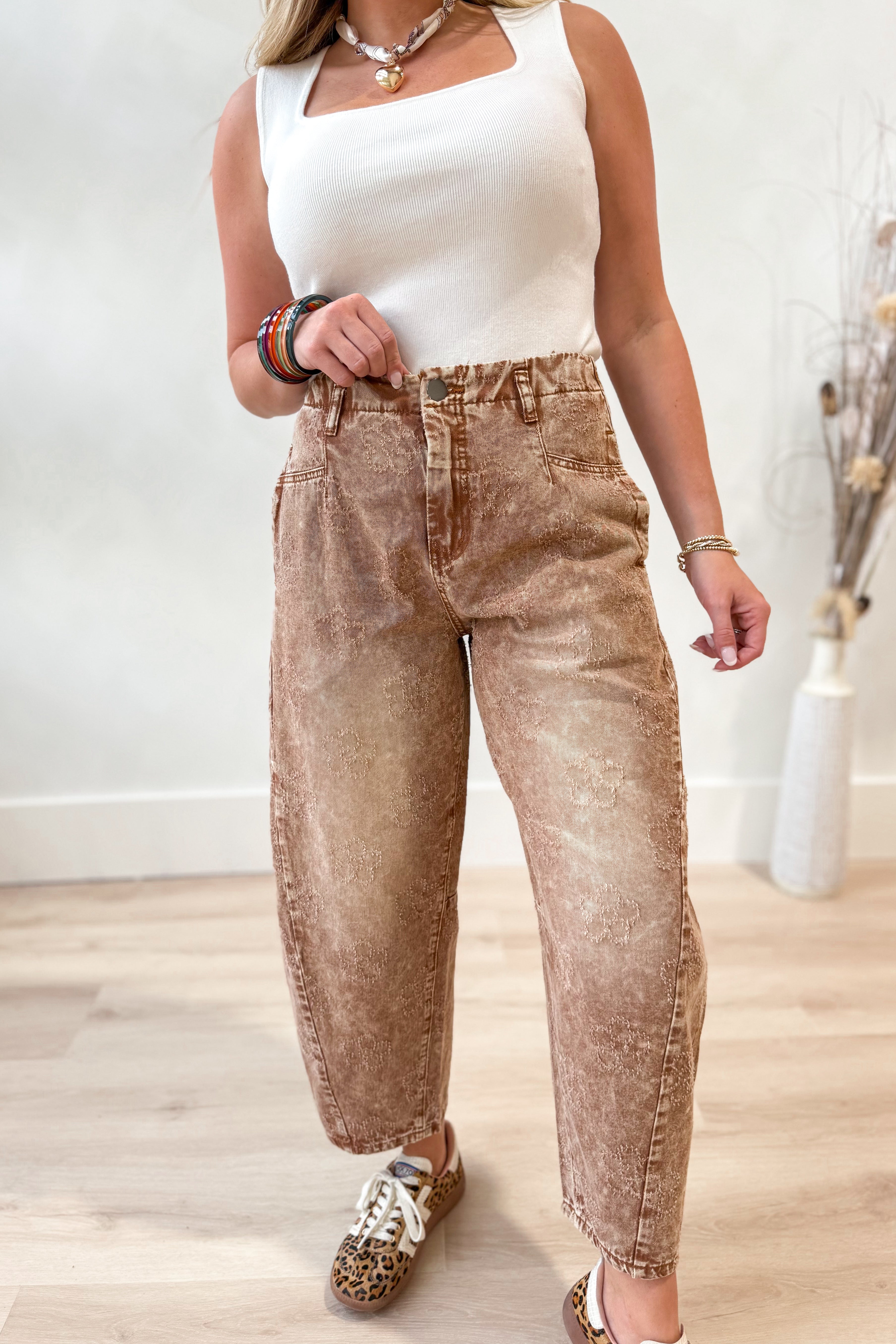 Elle Mineral Wash Flower Embroidered Barrel Jean - Coremarkets