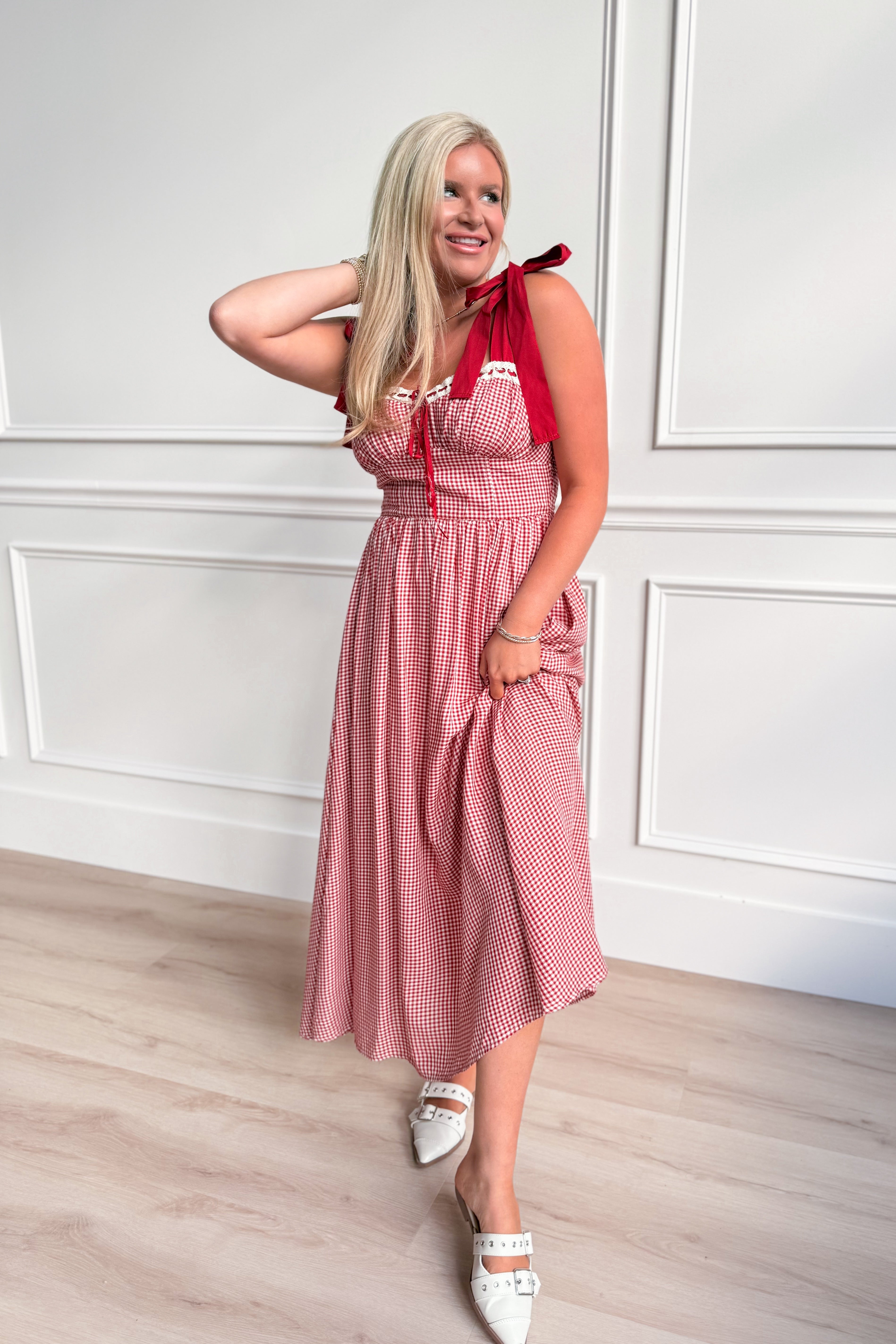 Kaitlyn Plaid Lace Detail Midi Dress - Coremarkets